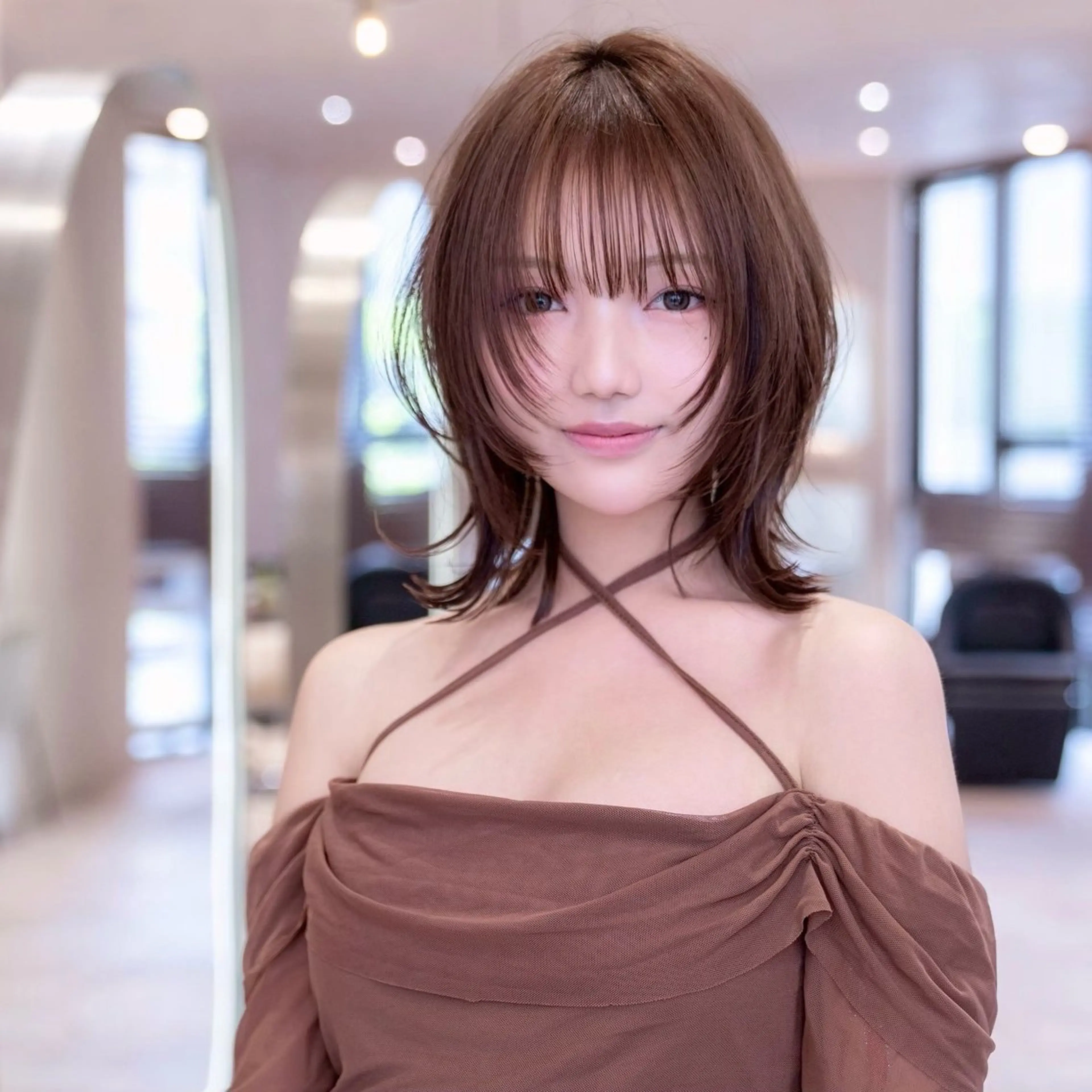 ミディアム ボブレイヤー ボブ 顔まわりレイヤー 顔周りカット ハッシュカット 原宿/韓国/髪質改善 /レイヤー/ボブのヘアスタイル