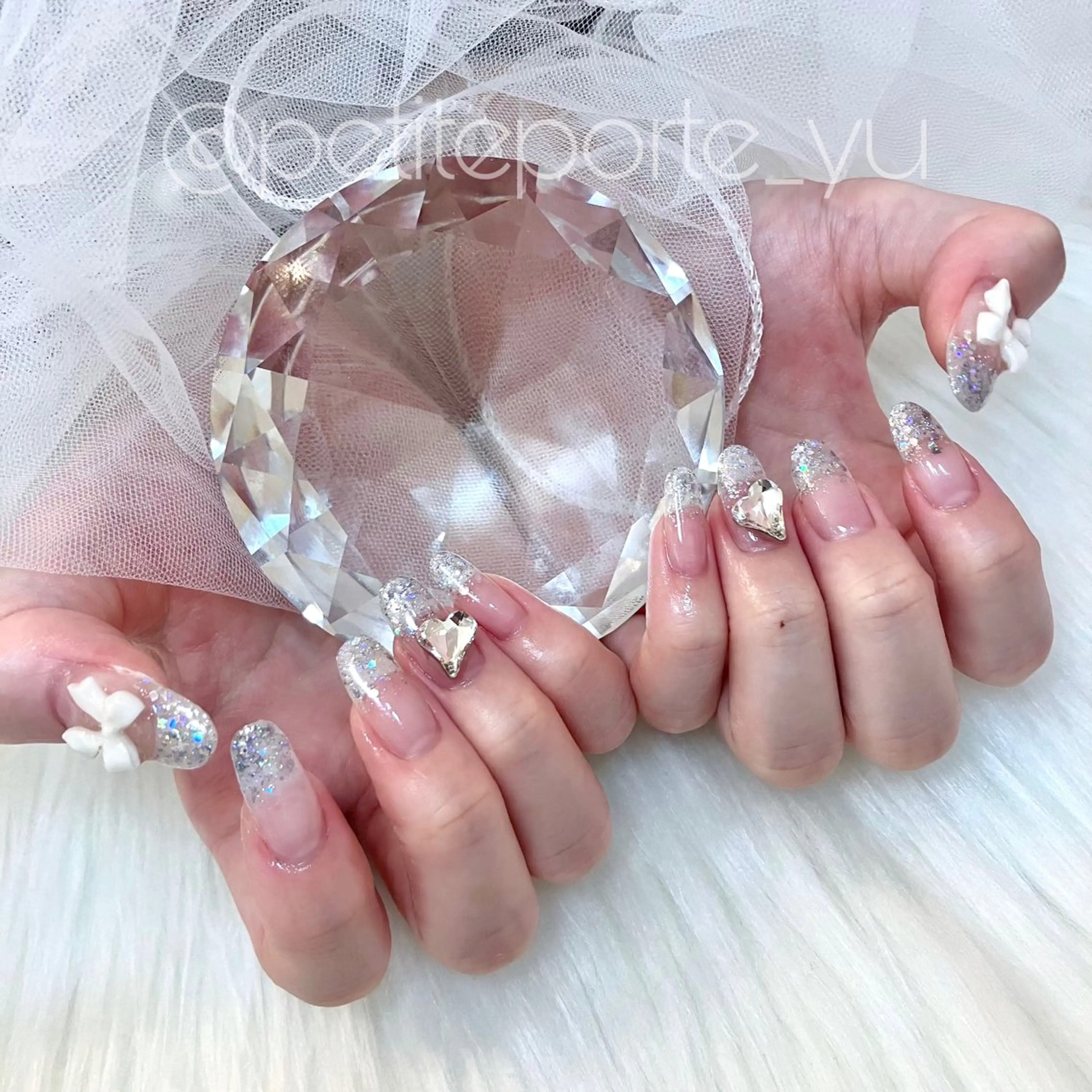 ネイル ハート ラメ(グリッター) リボン ストーンネイル ハンドネイル petite porteのネイルデザイン