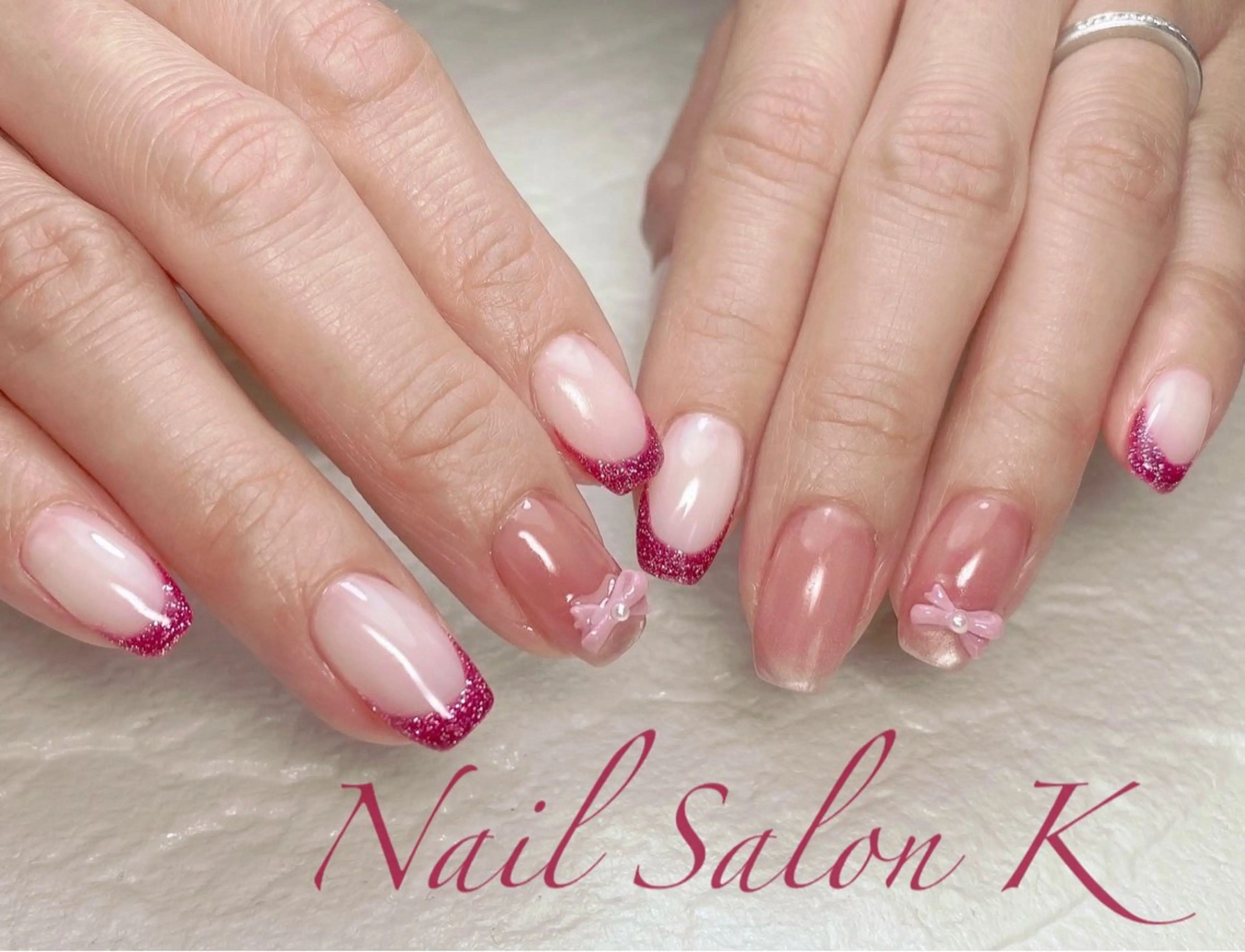 ネイル フラッシュネイル フレンチネイル マグネットネイル ピンク ハンドネイル Nail Salon K 🧸美爪育成のネイルデザイン