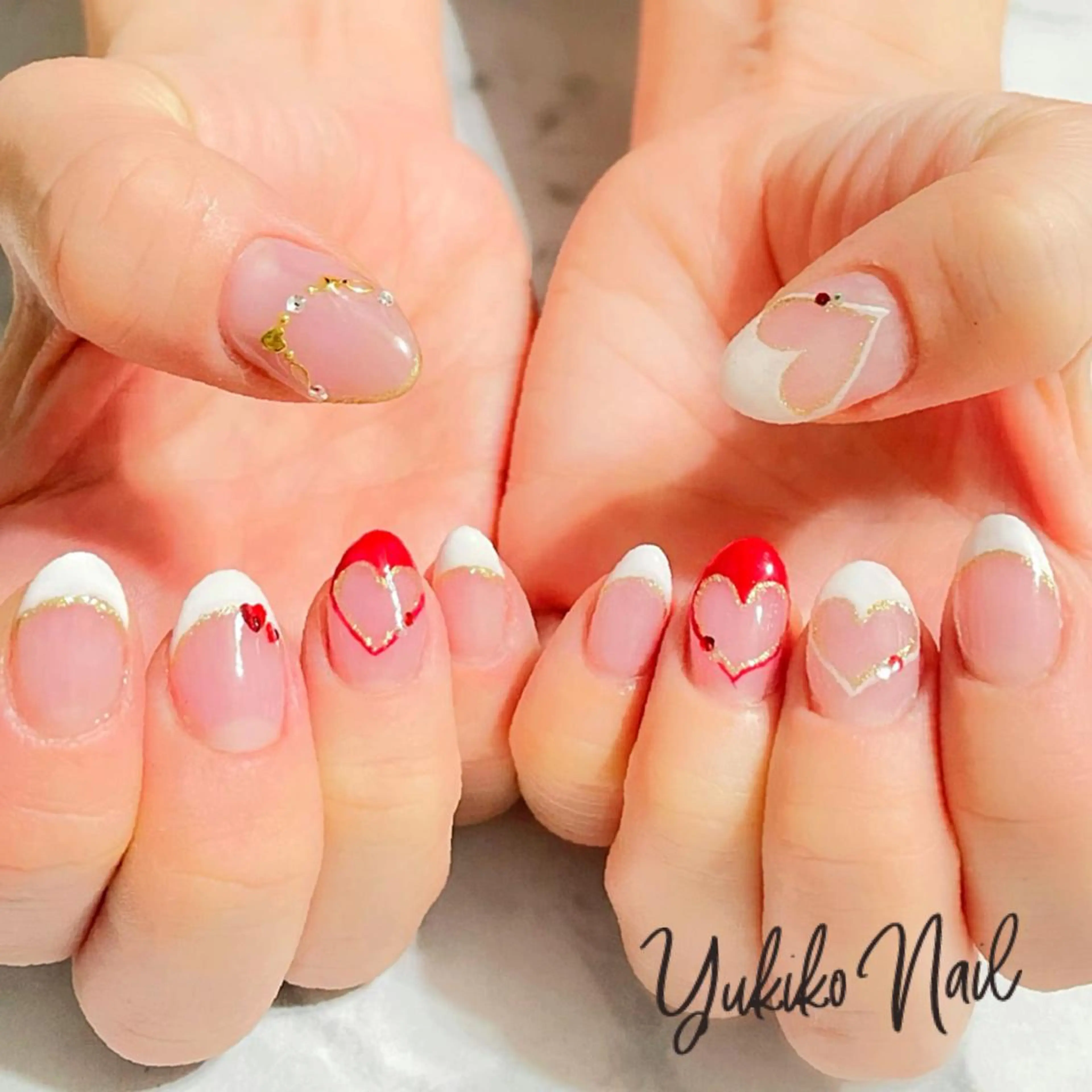 ネイル フレンチネイル ハート バレンタイン ハンドネイル ユキコ ネイルのネイルデザイン