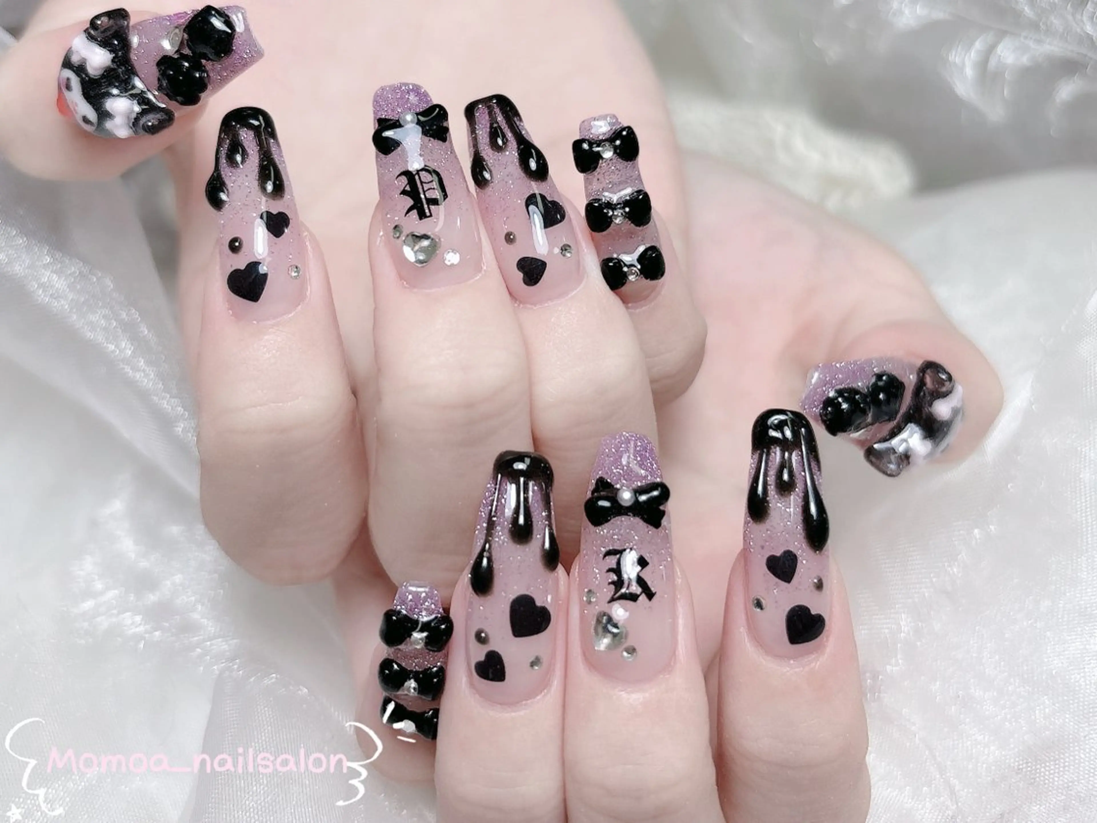 ネイル 成人式 ロングネイル マグネットネイル 大理石ネイル(マーブル) 持ち込み ハンドネイル MoMoA Nail ネイル長さ出し専門店のネイルデザイン