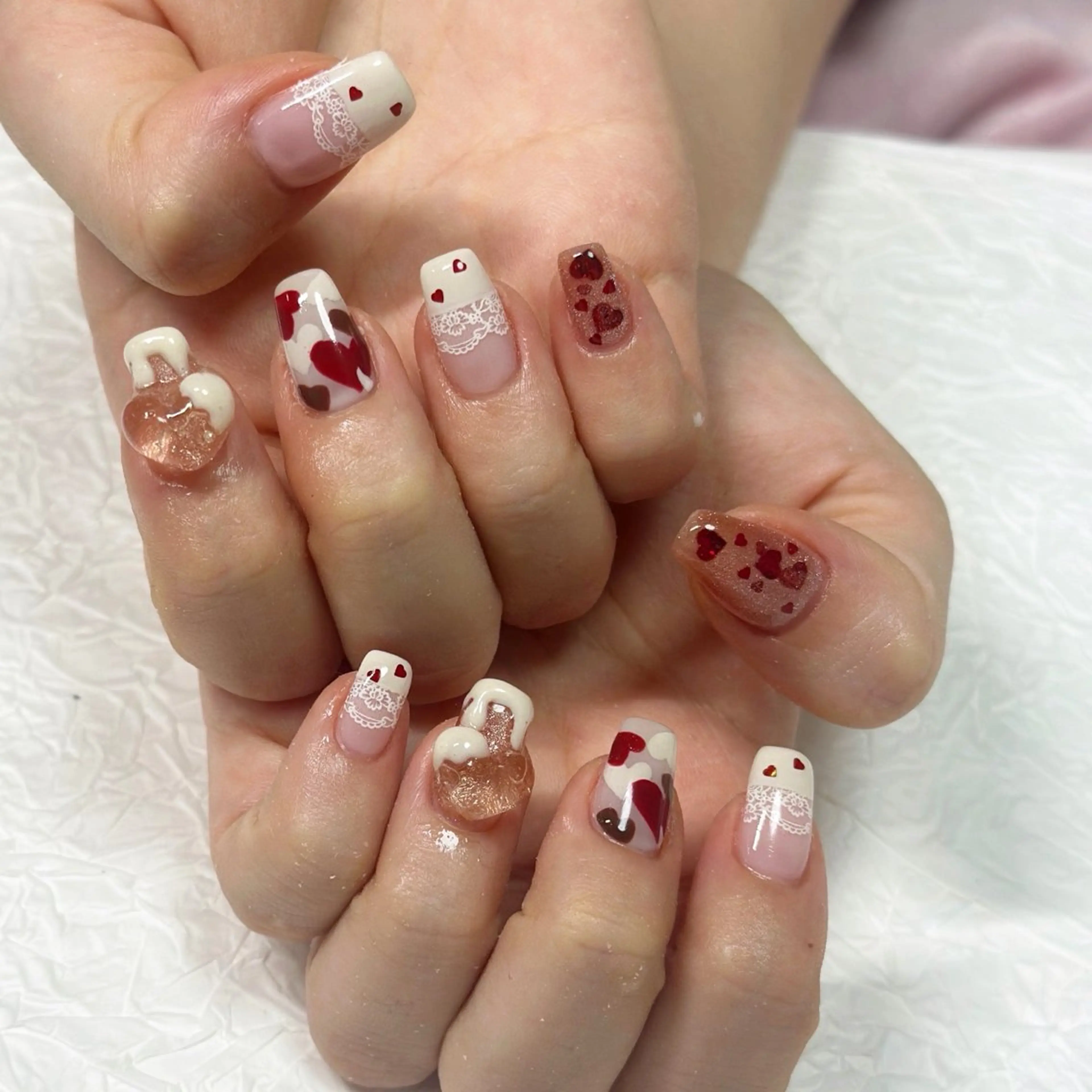 ネイル ハート レース ピンク バレンタイン nailist yuiのネイルデザイン