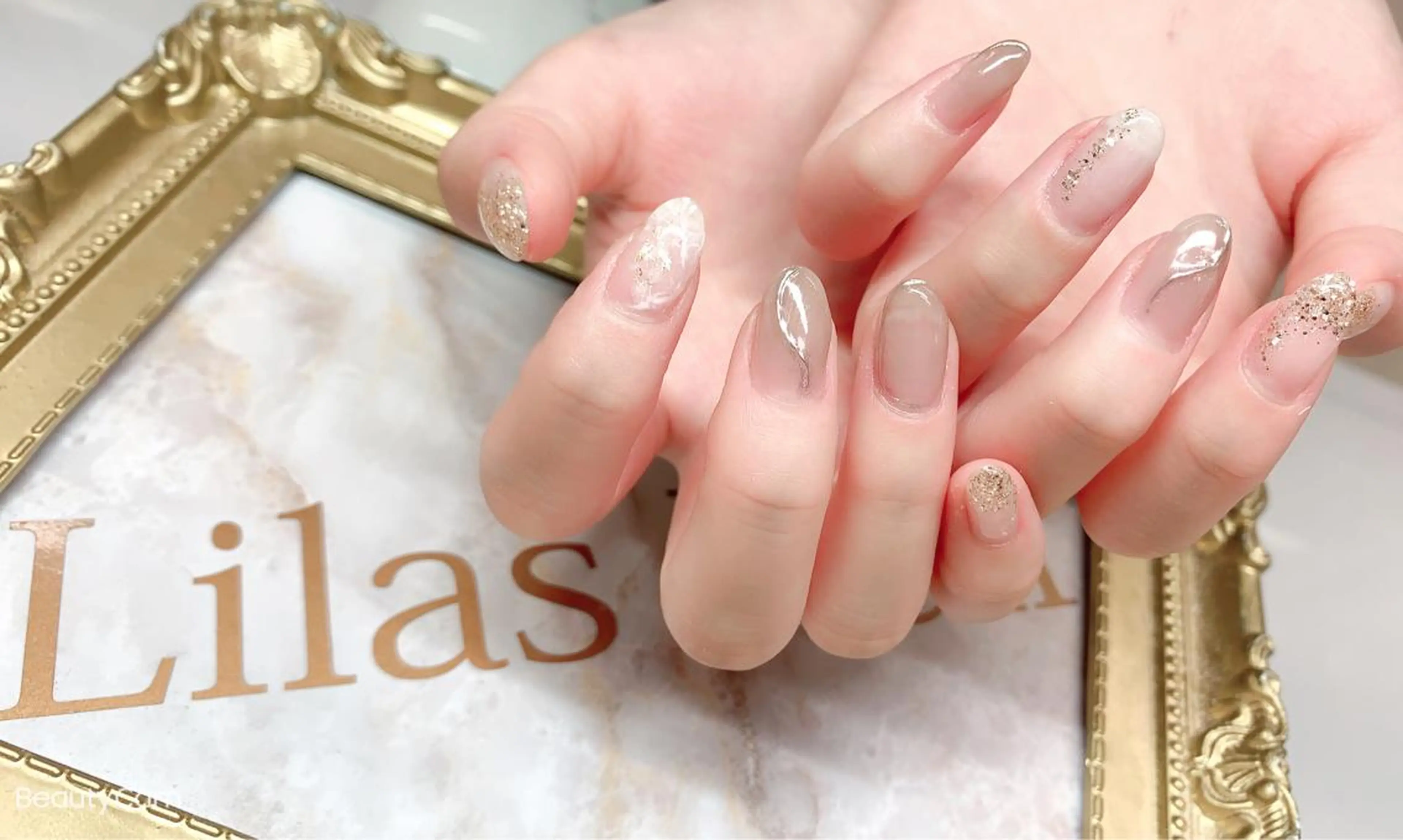 ネイル ジェルネイル ハードジェル ラメ(グリッター) ロングネイル ミラーネイル Lilas Nailのネイルデザイン