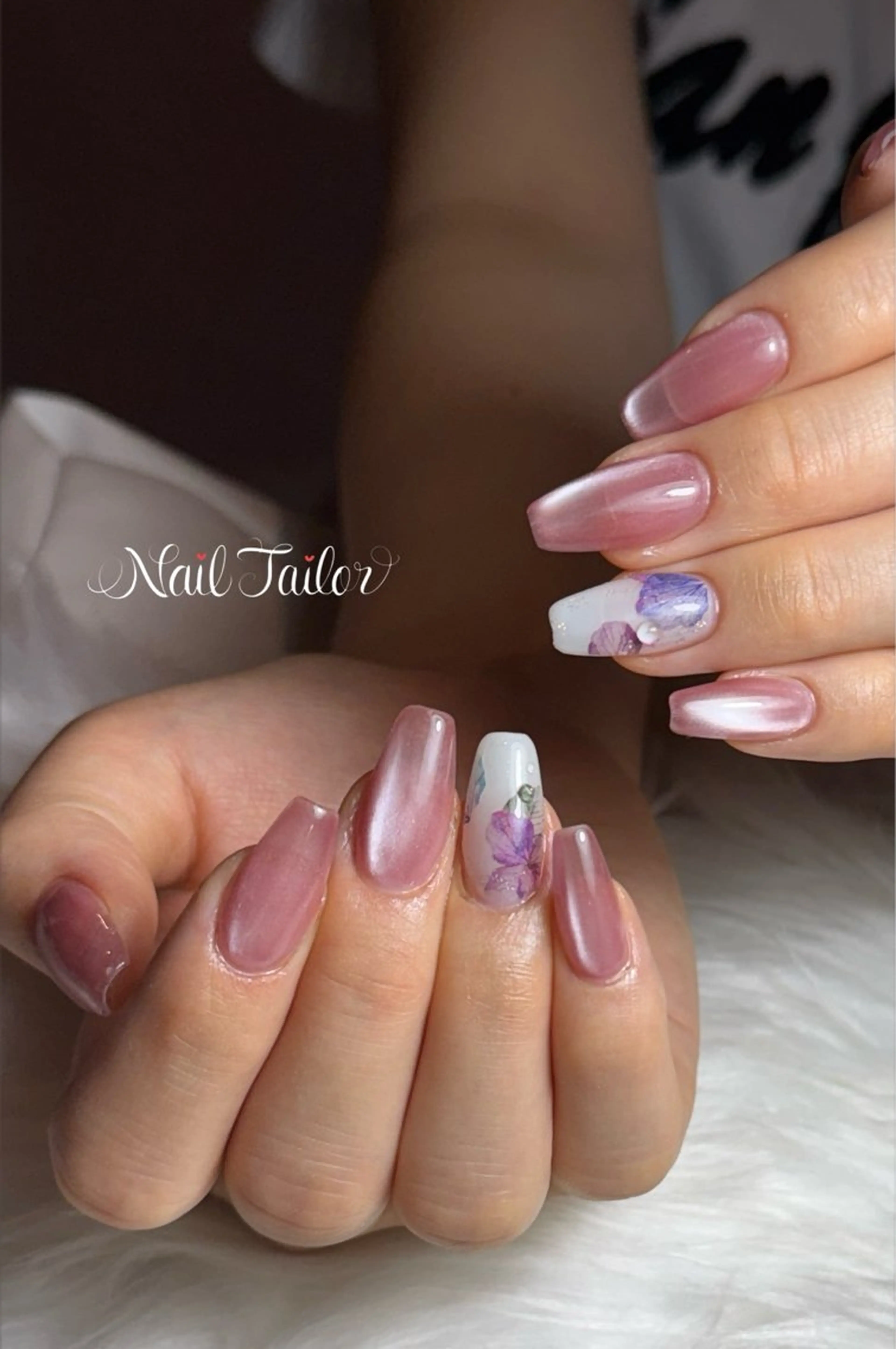 ネイル 長さ出し フラワーネイル マグネットネイル オフィスネイル ピンク ハンドネイル NailTailor ネイルテイラーのネイルデザイン