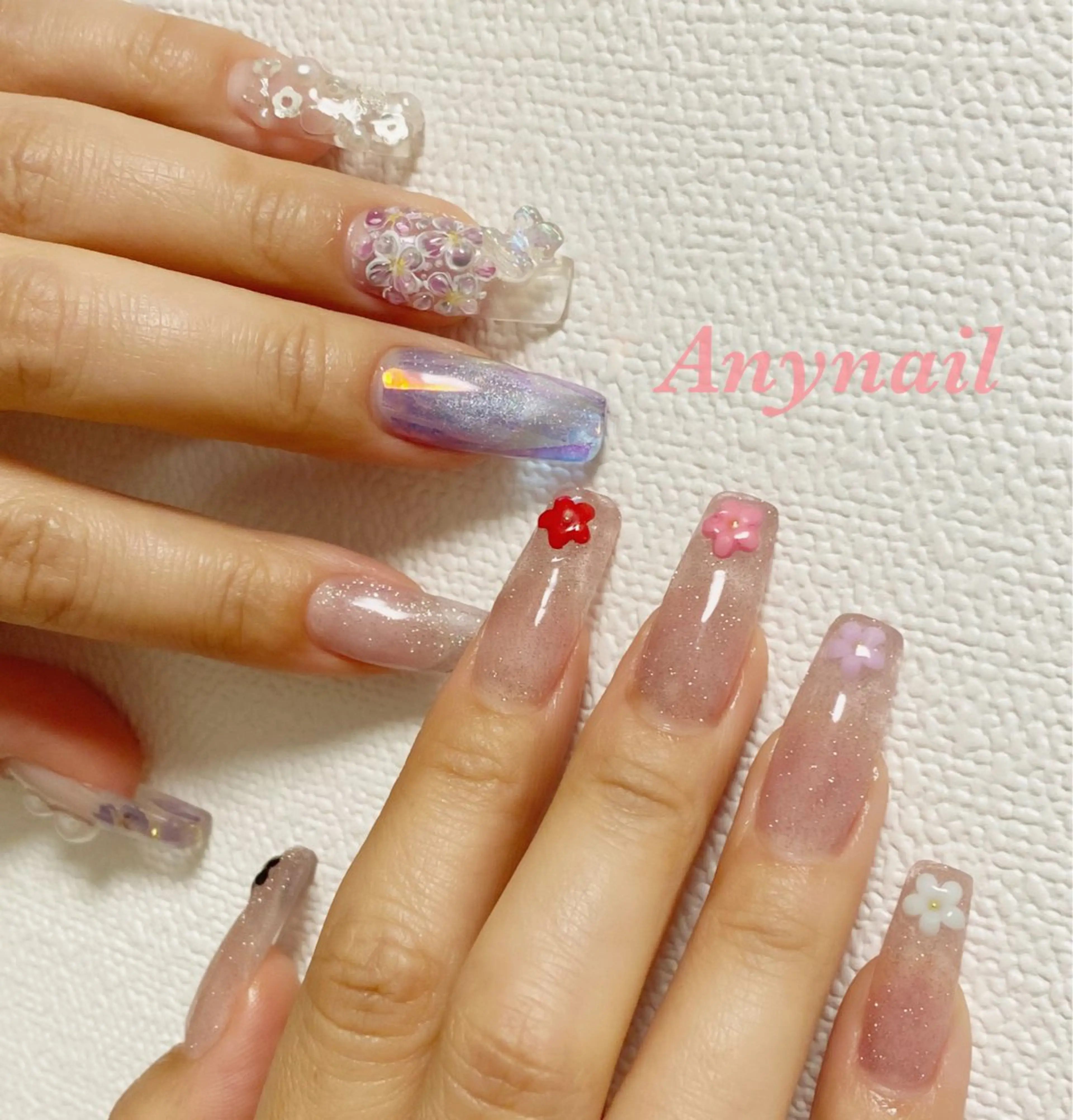 ネイル オーロラネイル ブルー クリアネイル フラワーネイル ホログラムネイル 岩澤 恵子のネイルデザイン