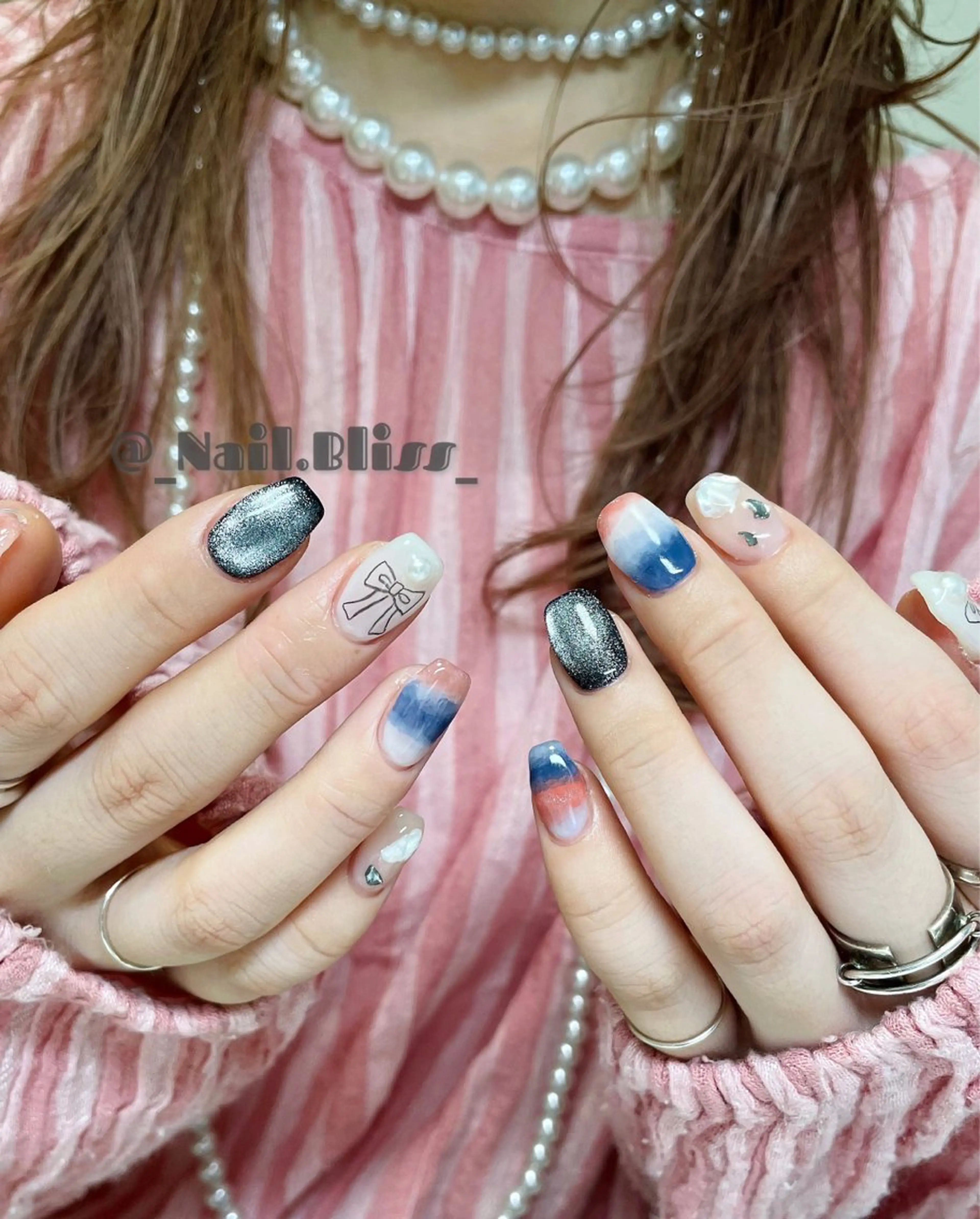 ネイル マグネットネイル 持ち込み リボン ハンドネイル NAIL BLISSのネイルデザイン