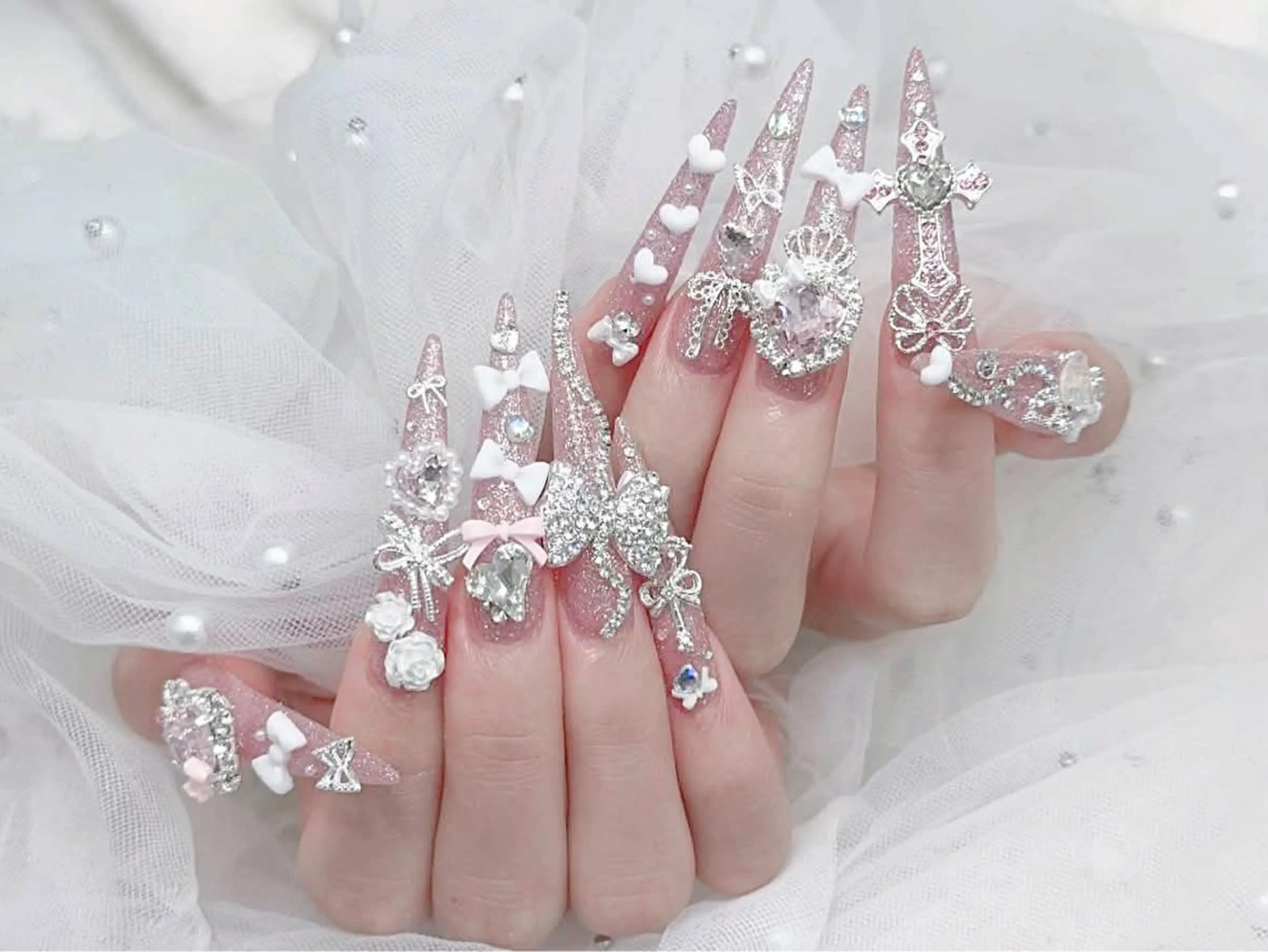 ネイル 成人式 大理石ネイル(マーブル) リボン 夏ネイル ネイルチップ ハンドネイル MoMoA Nail ネイル長さ出し専門店のネイルデザイン