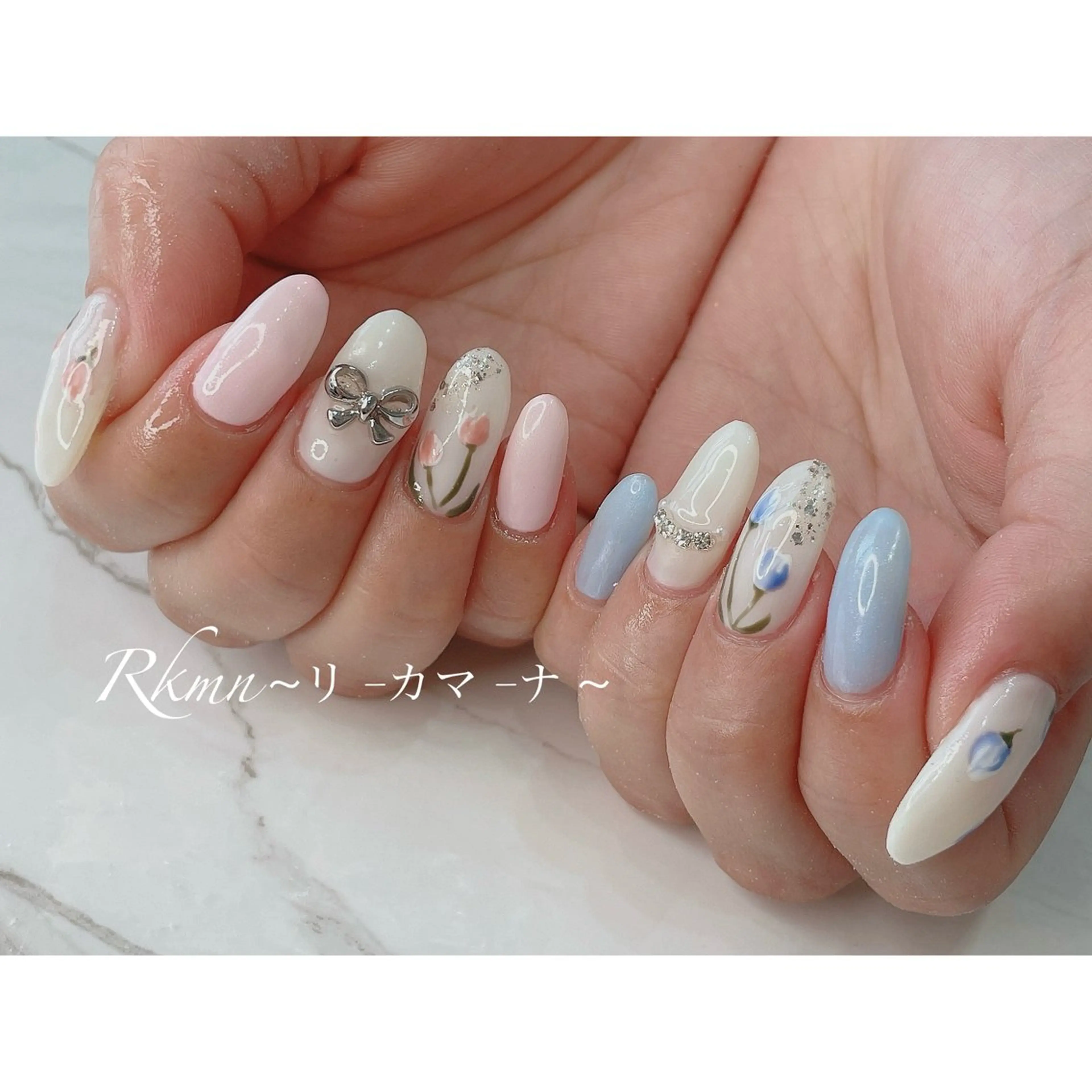 ネイル アートネイル ブルー フラワーネイル パステルネイル ピンク ハンドネイル フットネイル ハンドケア Rkmn ~リ-カマ-ナ~のネイルデザイン