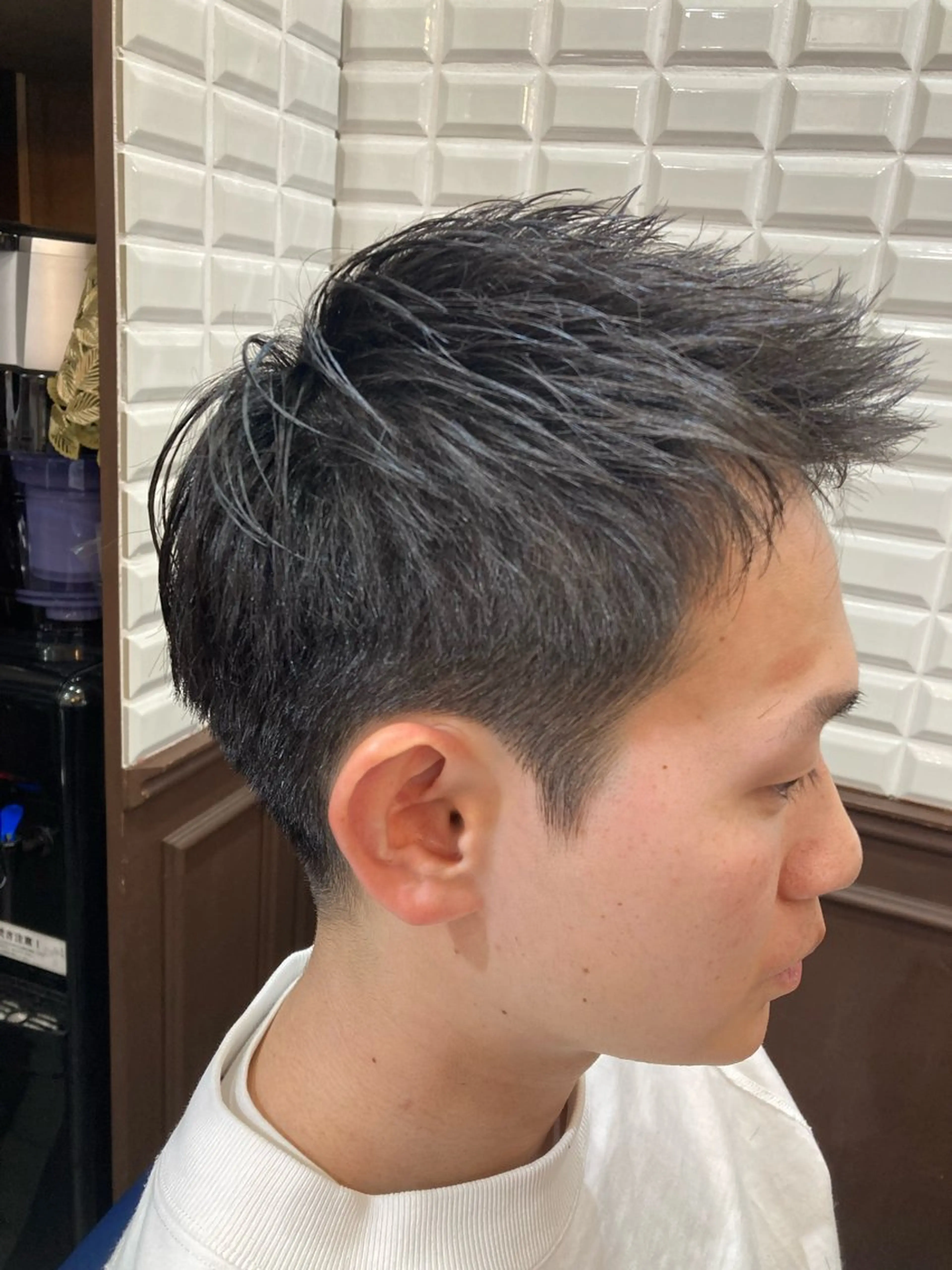 ショート メンズ アップバング フェードカット メンズハイライト メンズメッシュ メンズパーマ ルピナス中田店長 山口大地のヘアスタイル
