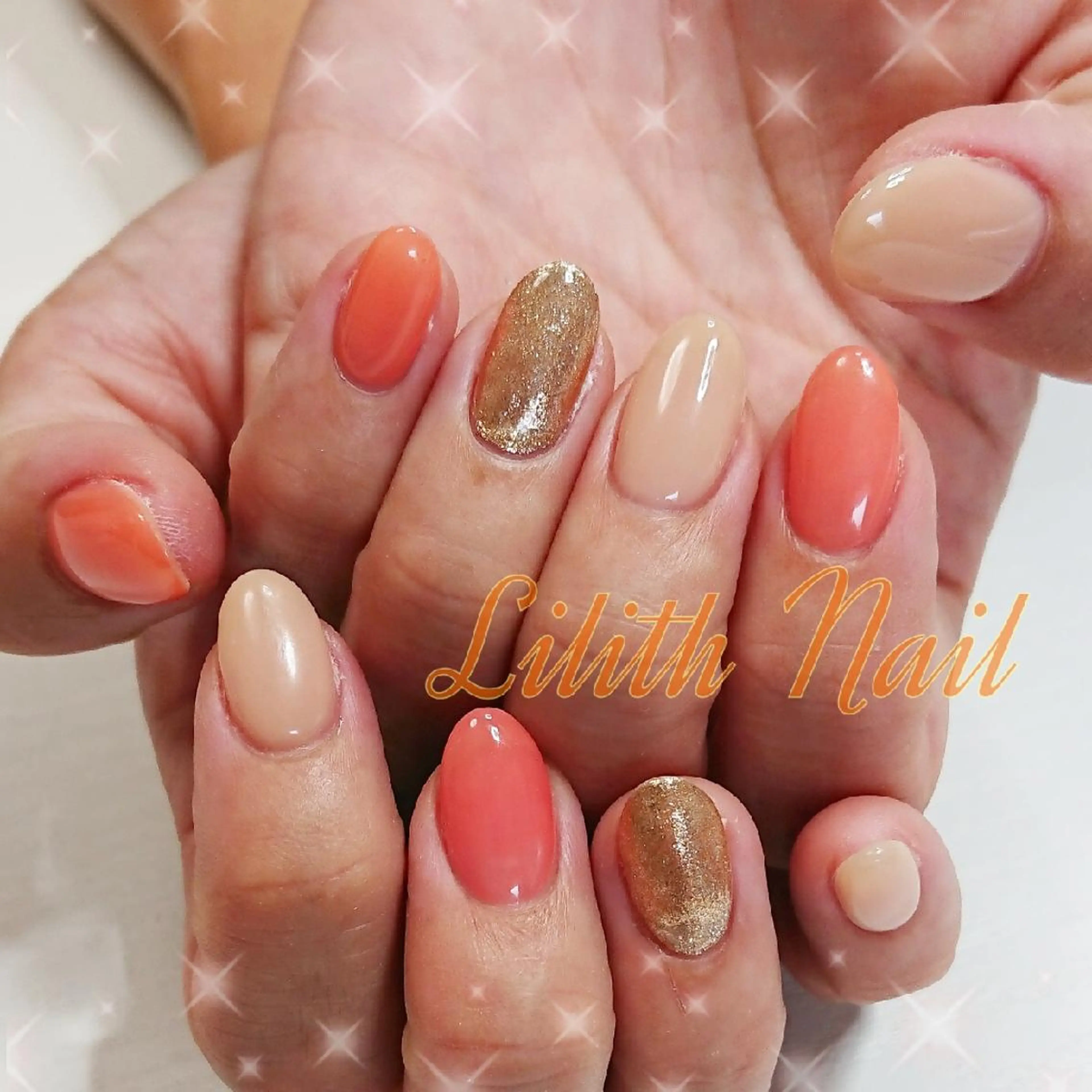 ネイル オレンジ ピンク ハンドネイル Lilith Nailのネイルデザイン