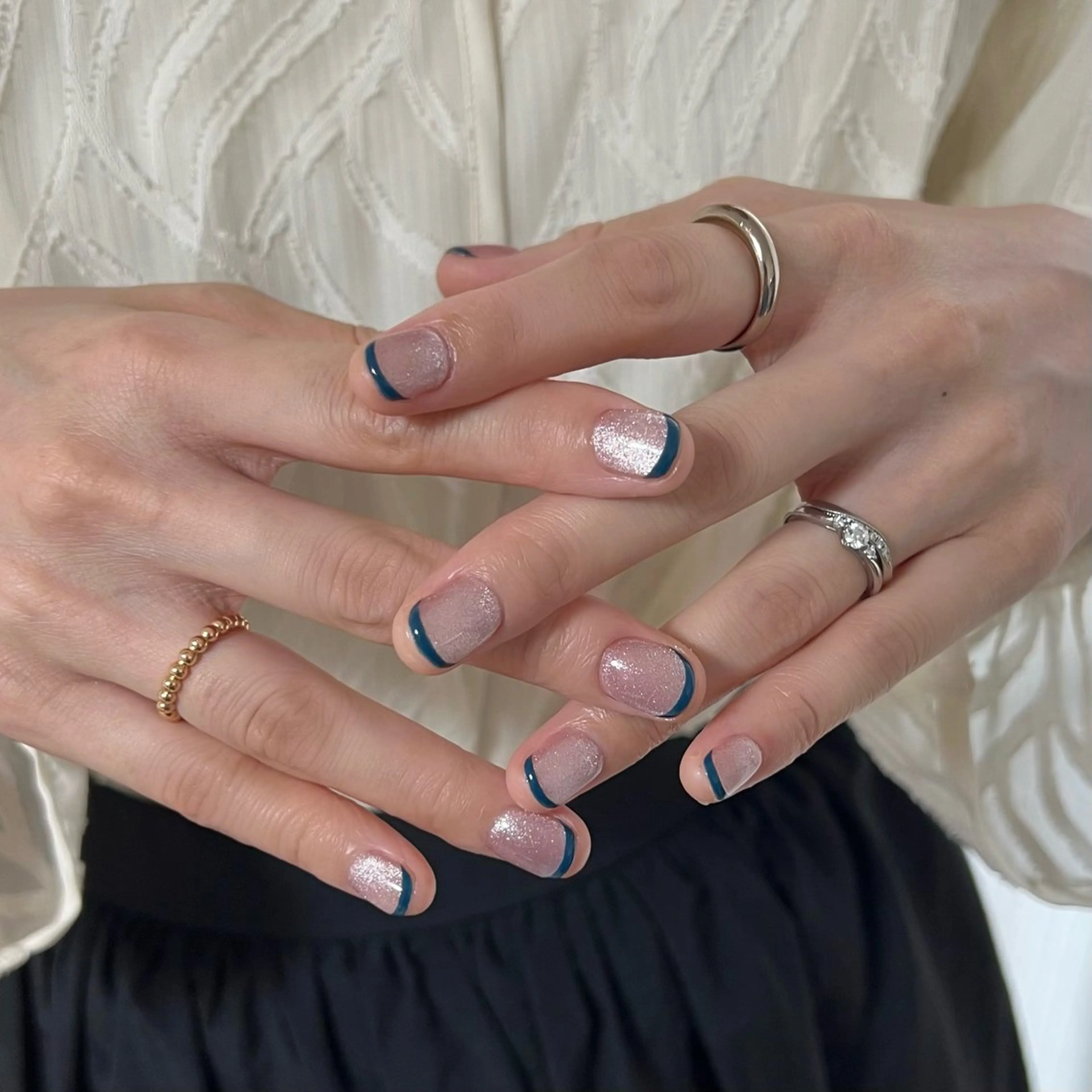 ネイル ブルー フレンチネイル マグネットネイル ピンク Momoka ネイリスト福岡/薬院のネイルデザイン