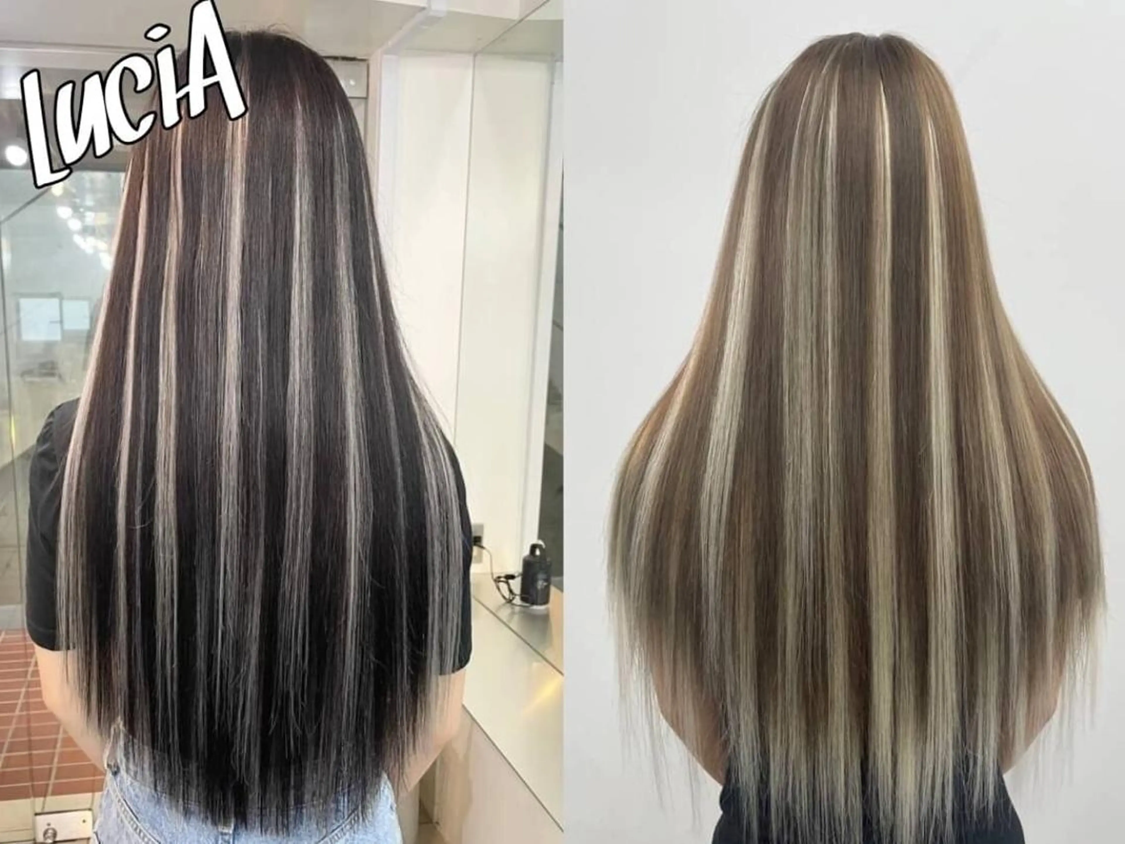 カラー ヘアアレンジ ロング シールエクステ 黒髪 ブリーチ デザインカラー ダブルカラー LuciAエクステ カラー3000セラのヘアスタイル