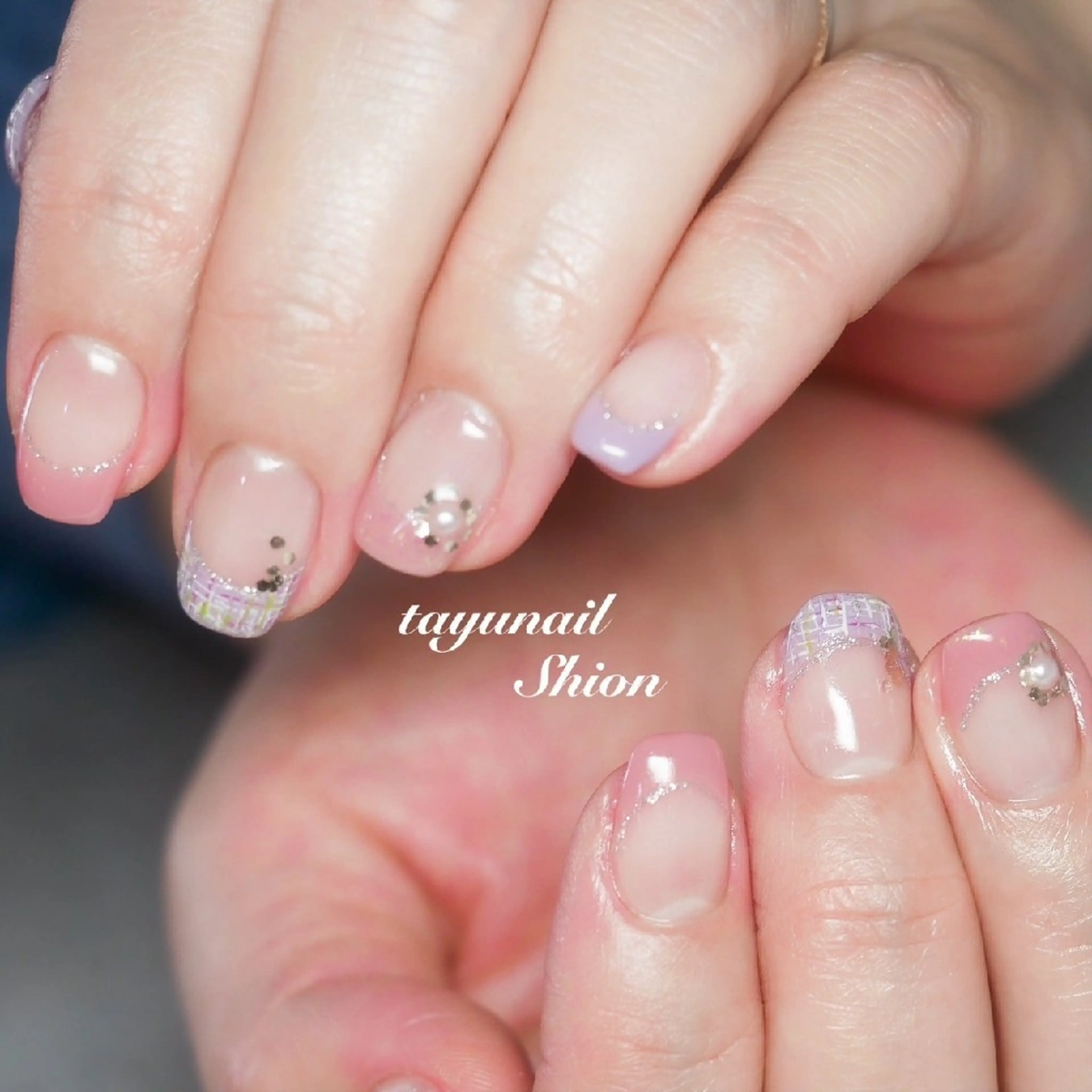 ネイル フレンチネイル ジェルネイル パラジェル ピンク ツイードネイル ネイルサロン 【たゆnail】のネイルデザイン
