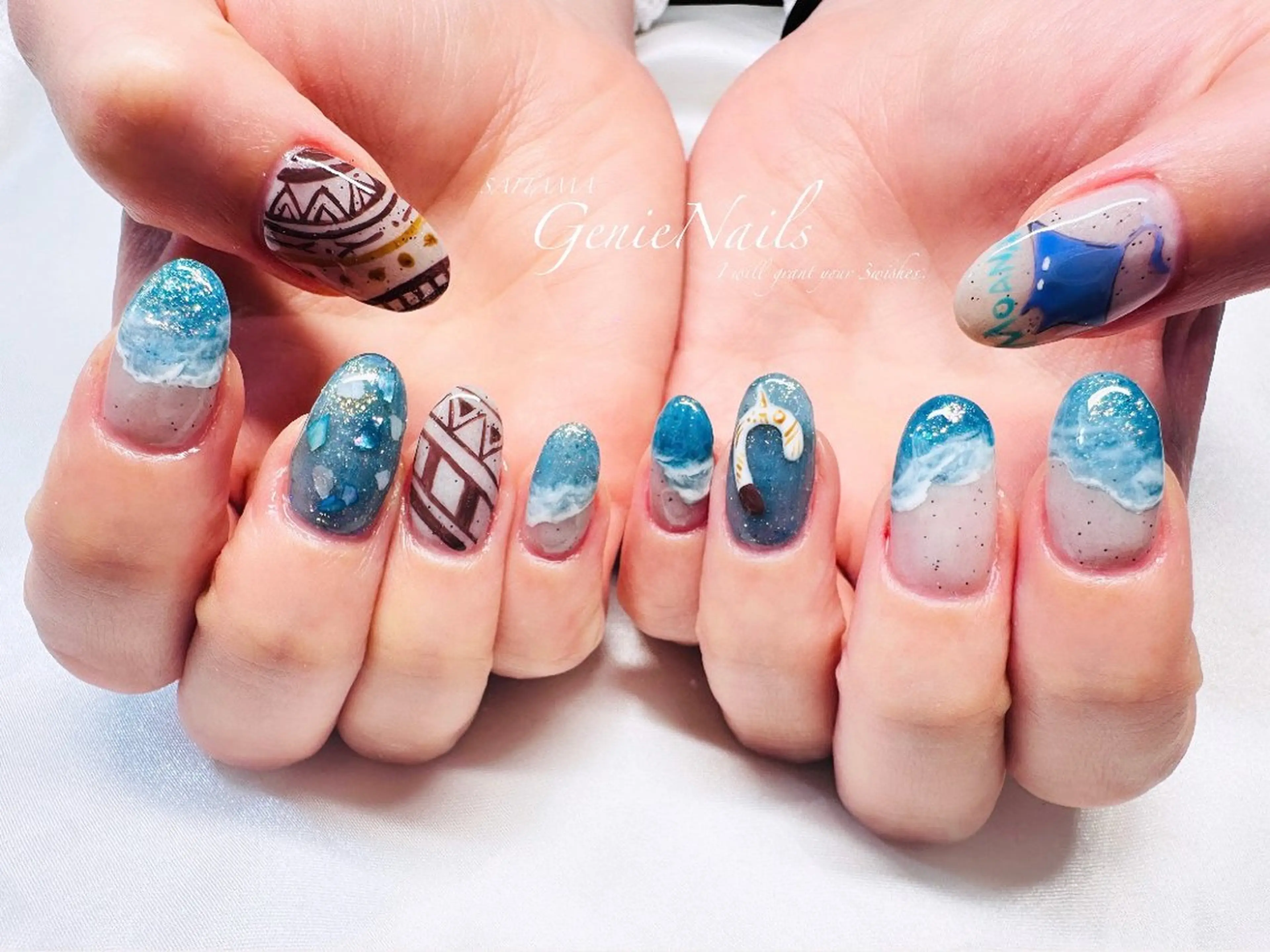 メンズ ネイル アートネイル 長さ出し 氷ネイル・うるうるネイル ロングネイル 持ち込み Genie Nailsのネイルデザイン
