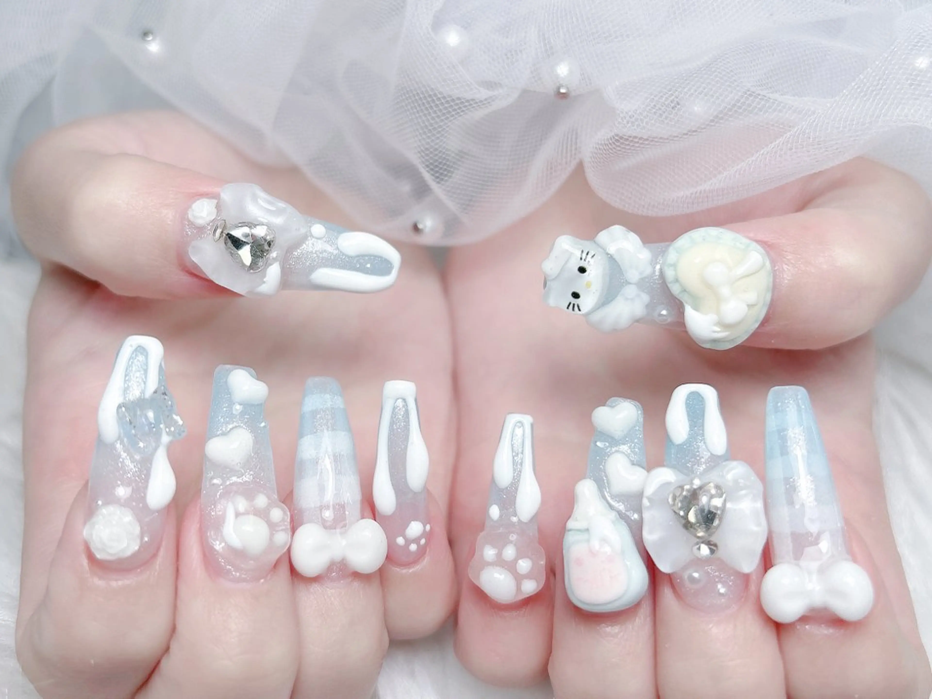 ネイル 成人式 ロングネイル マグネットネイル 大理石ネイル(マーブル) リボン ハンドネイル MoMoA Nail ネイル長さ出し専門店のネイルデザイン