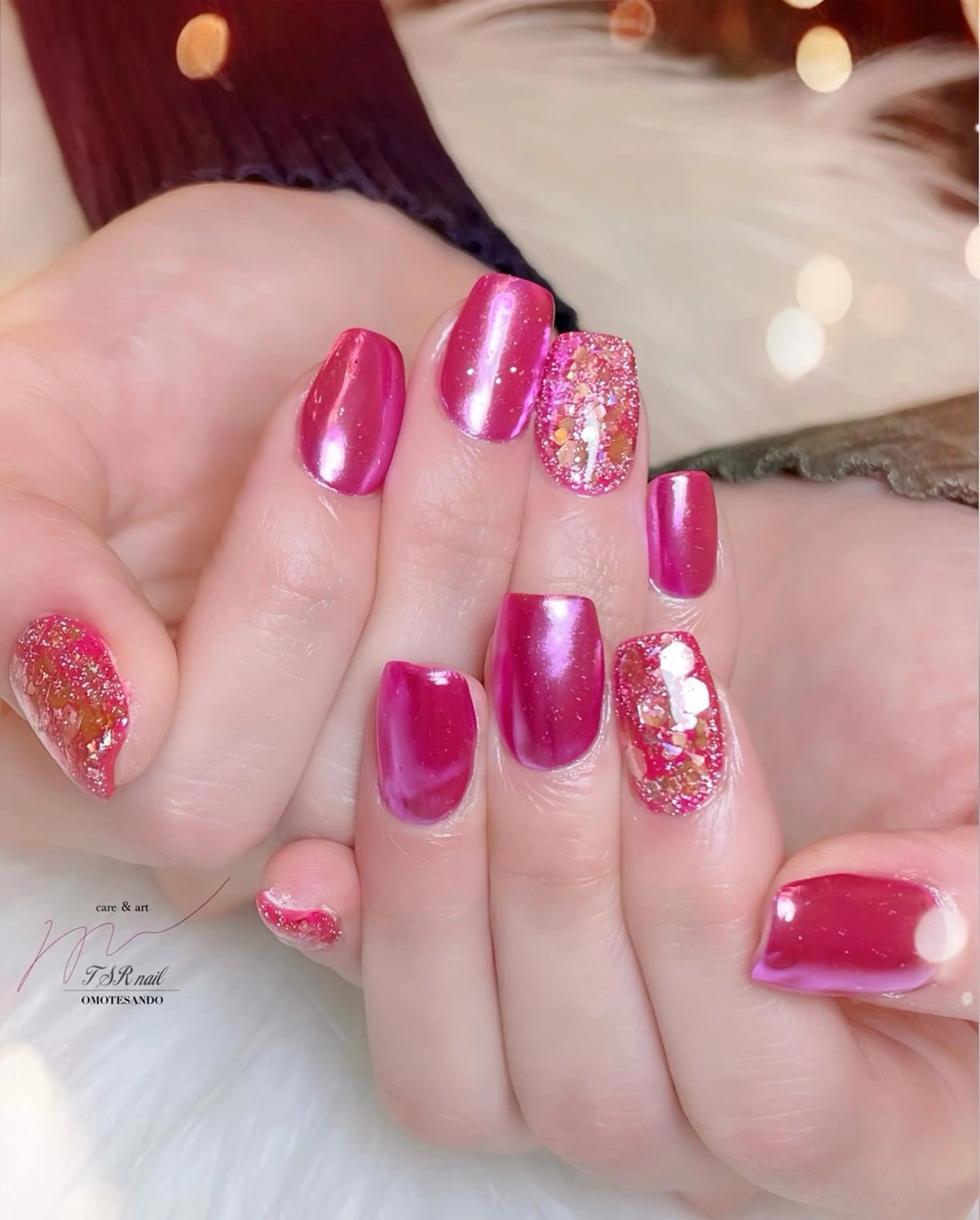 ネイル ミラーネイル ワンカラーネイル ピンク ハンドネイル ハンドケア 爪咲 りり花のネイルデザイン