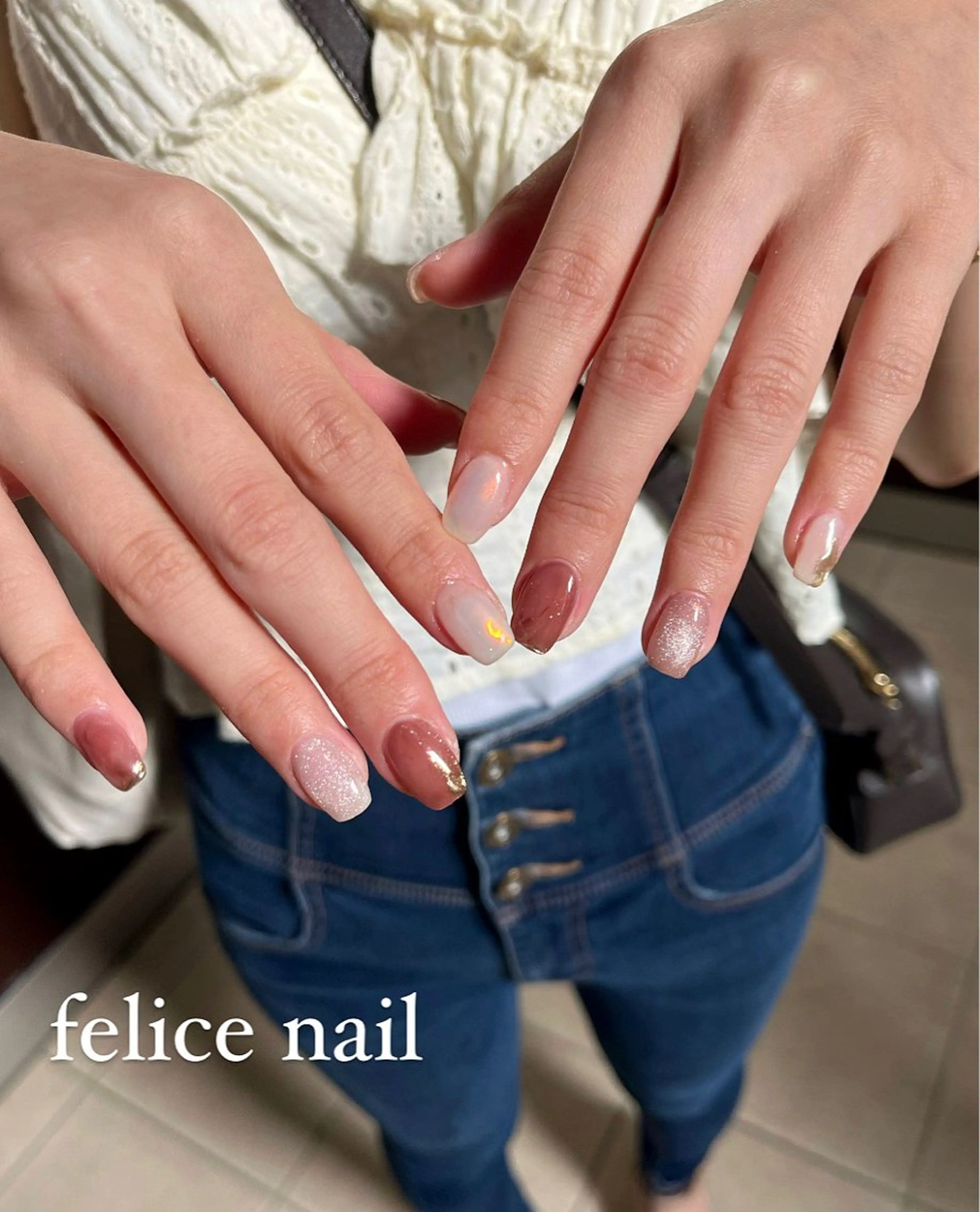 ネイル ブラウン 氷ネイル・うるうるネイル felice nailのネイルデザイン
