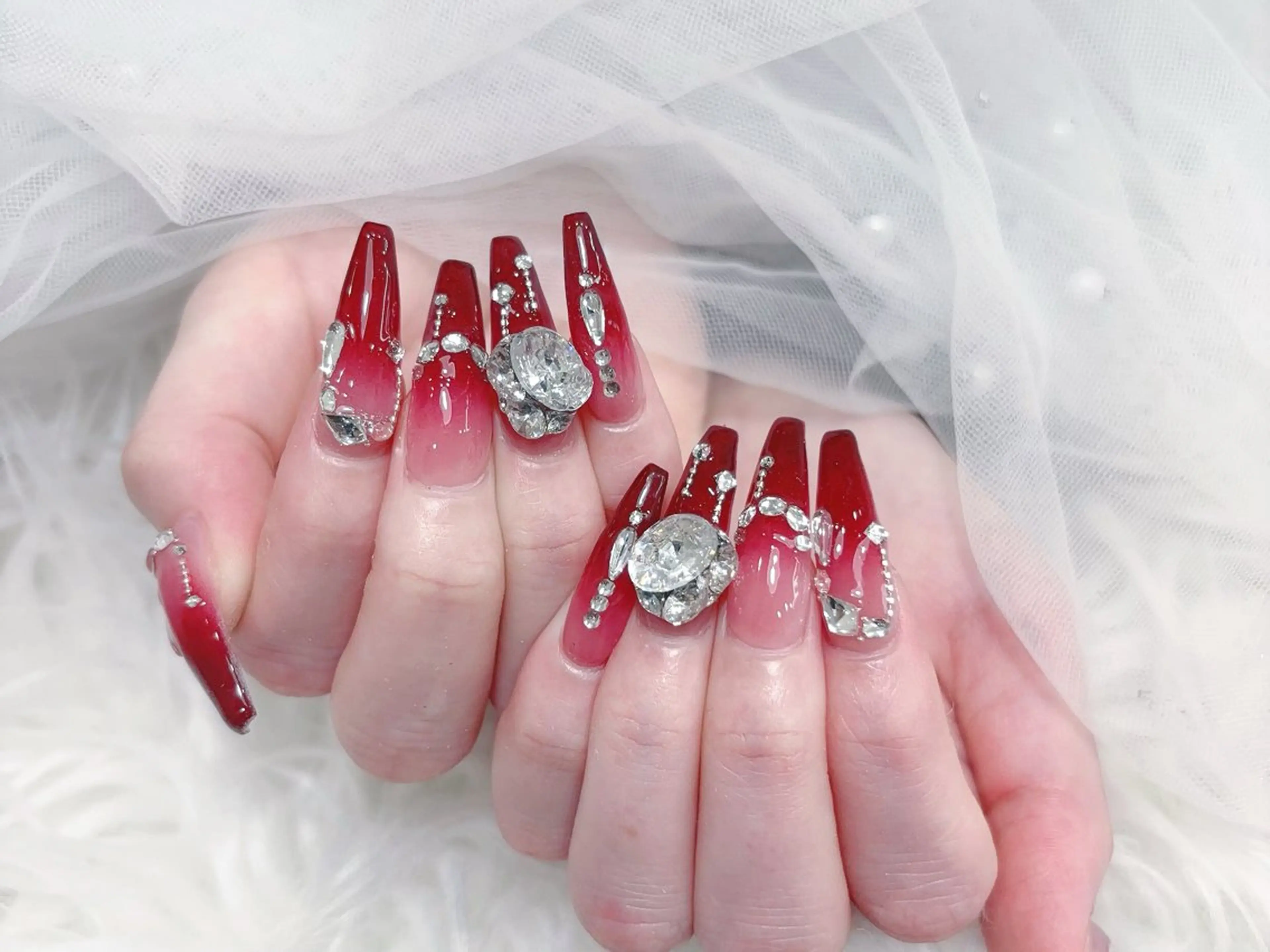 ネイル 成人式 大理石ネイル(マーブル) リボン 夏ネイル ネイルチップ ハンドネイル MoMoA Nail ネイル長さ出し専門店のネイルデザイン