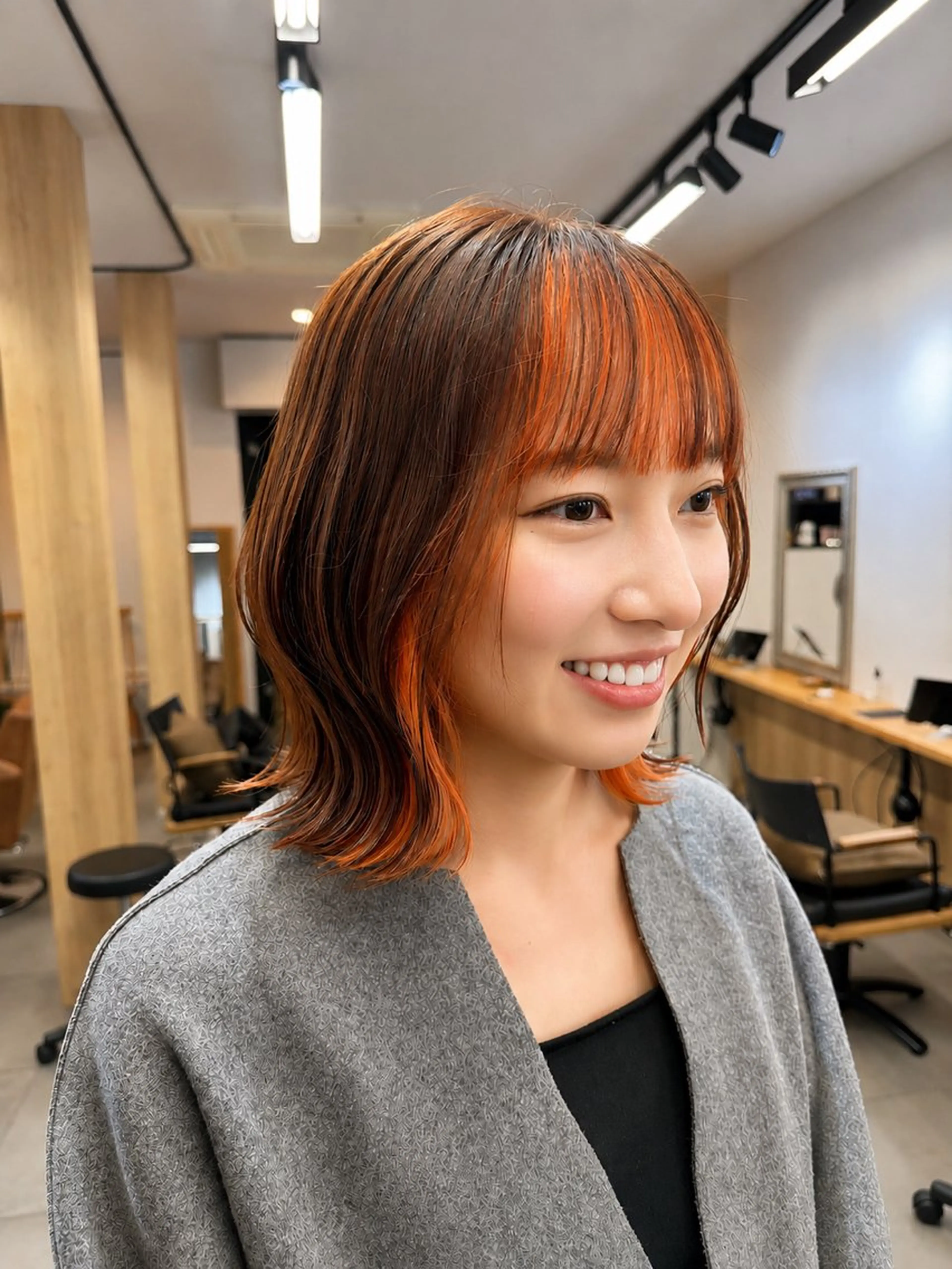 ミディアム カラー 切りっぱなしボブ ミストバング デザインカラー  フェイスフレーミング オレンジ ヘアカラー トリートメント 縮毛矯正/髪質改善 インナーカラーせいぎのヘアスタイル