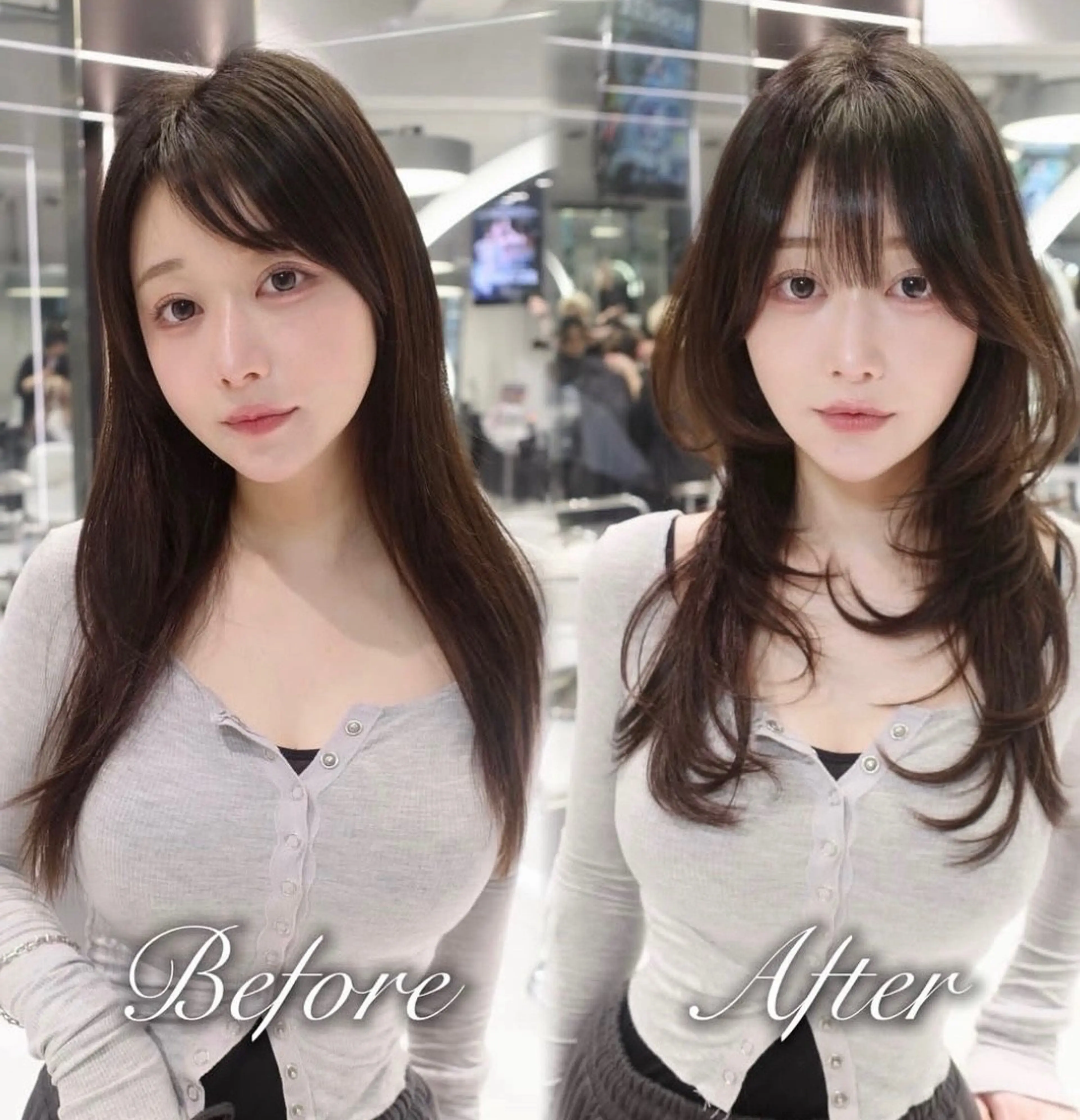 ロング くびれヘア 顔周りカット ハイレイヤー 韓国風ヘア レイヤーカット カット ヘアカラー がわ/ハイレイヤー /ハイトーンカラーのヘアスタイル