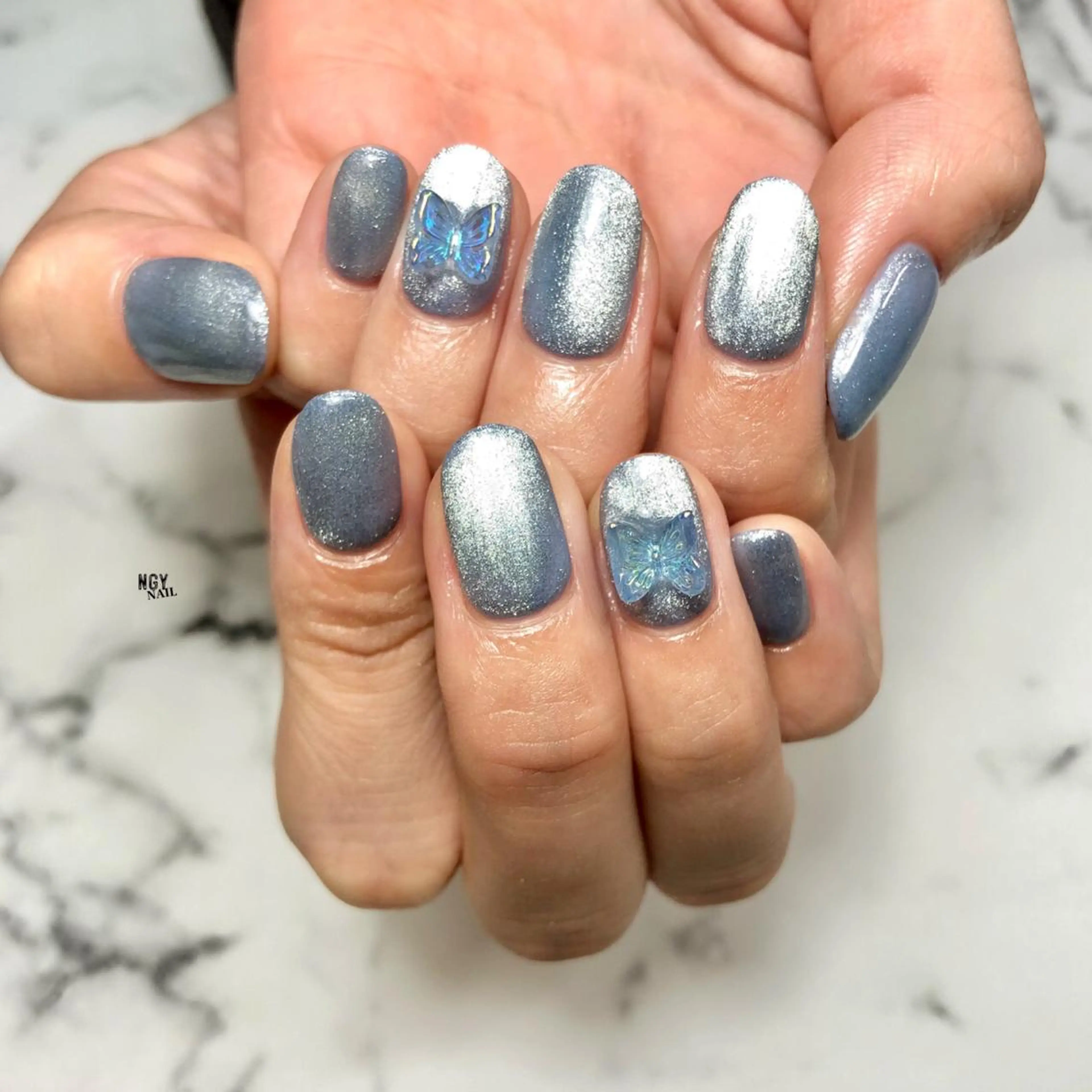 ネイル ジェルネイル 韓国ネイル 水色 マグネットネイル パラジェル NAIL NOWのネイルデザイン