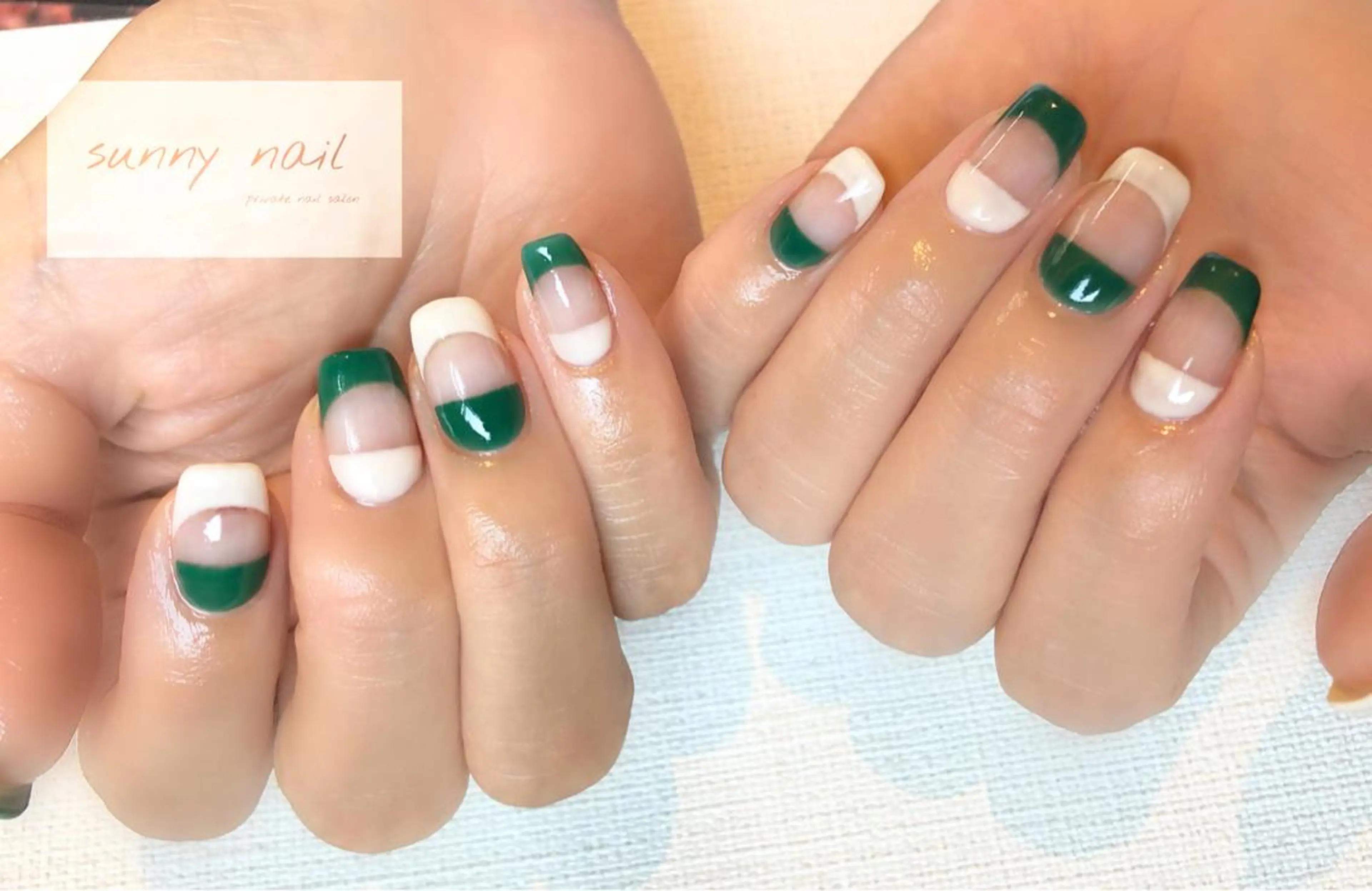 ネイル アートネイル カジュアル フレンチネイル ジェルネイル グリーン sunny nailのネイルデザイン