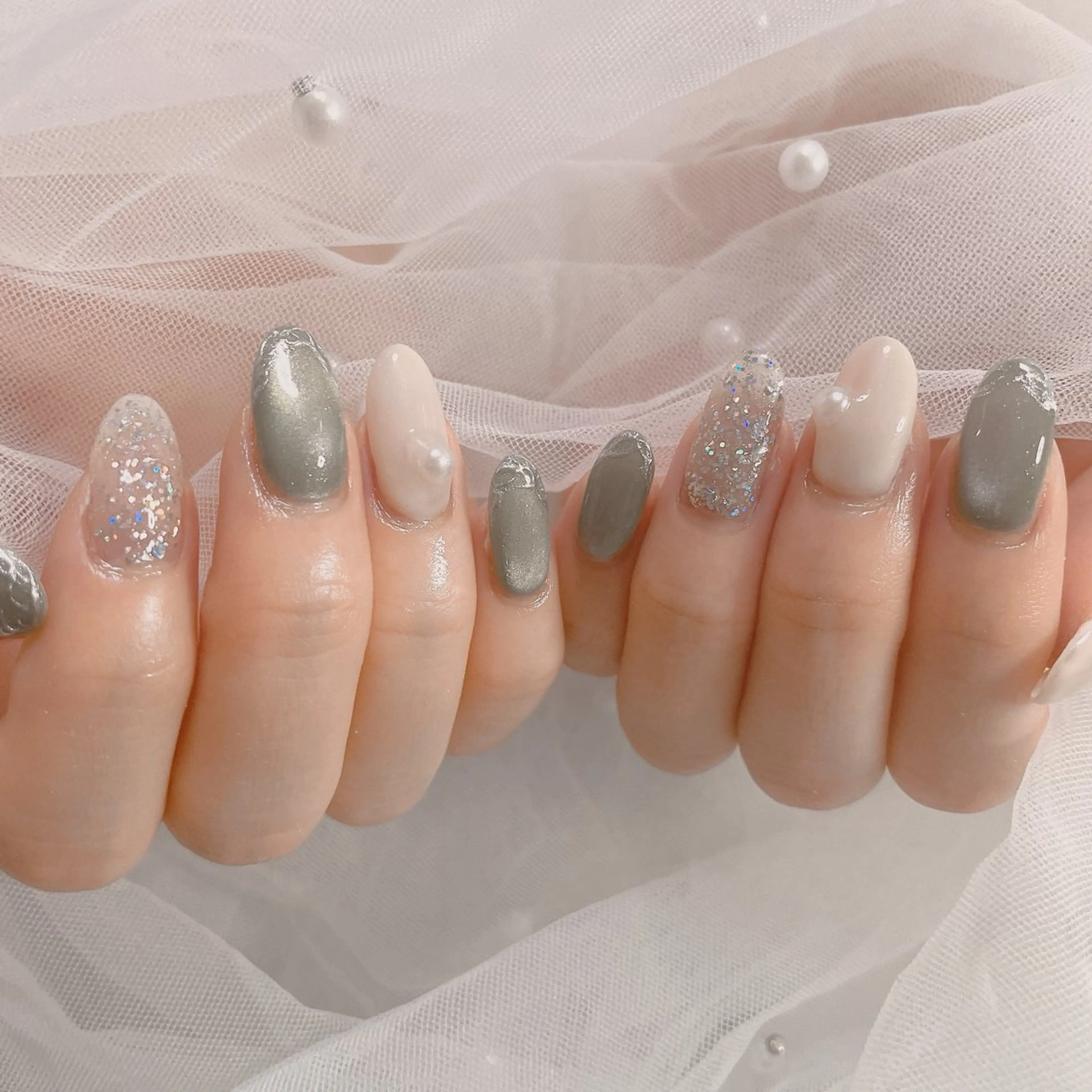 ネイル グリーン ニュアンスネイル ハンドネイル ネイルサロン なっちゃん(古千谷)のネイルデザイン