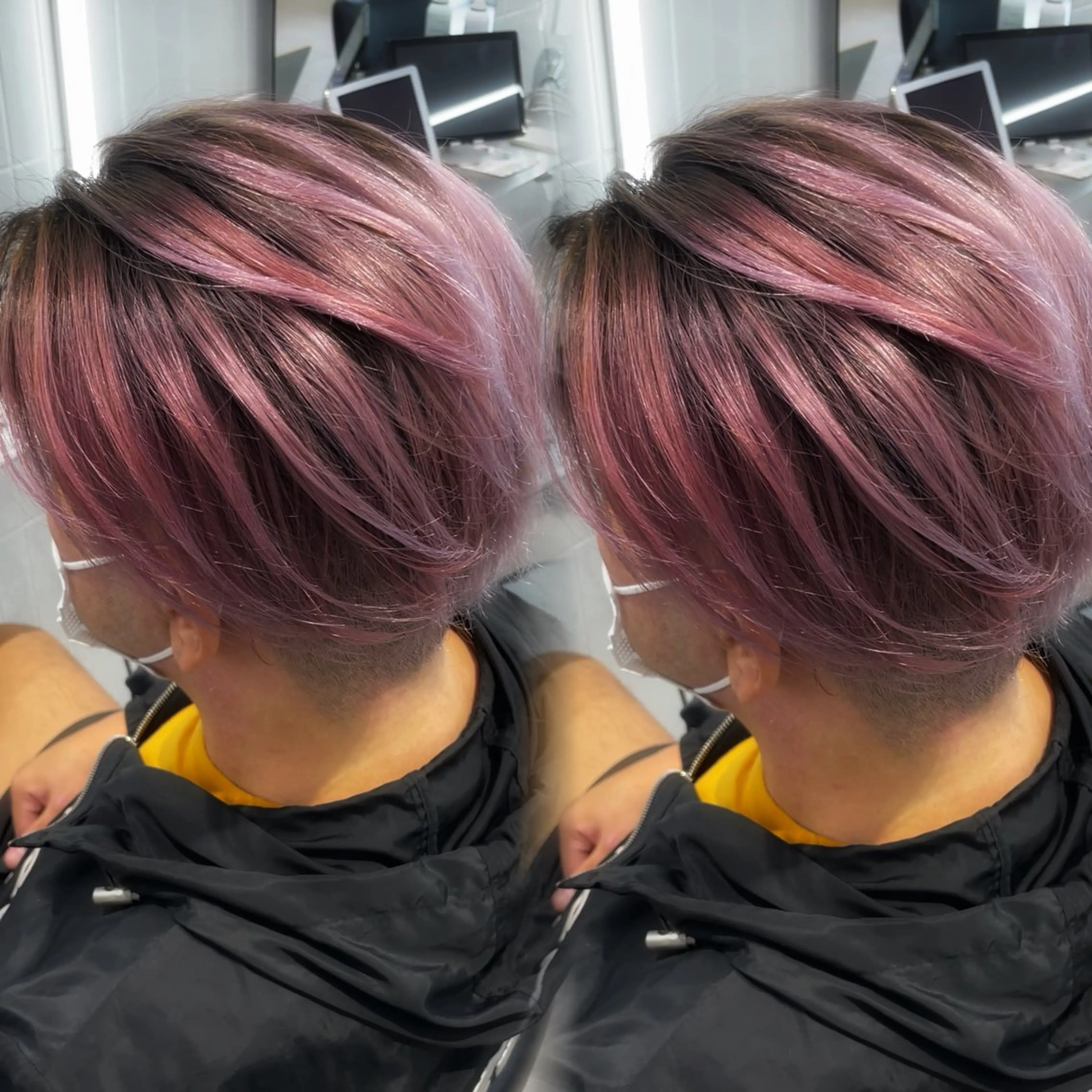 ショート カラー メンズ メンズバレイヤージュ バレイヤージュ ピンクカラー レイヤーカット ヘアカラー トリートメント 表参道/ハイライト バレイヤージュのヘアスタイル