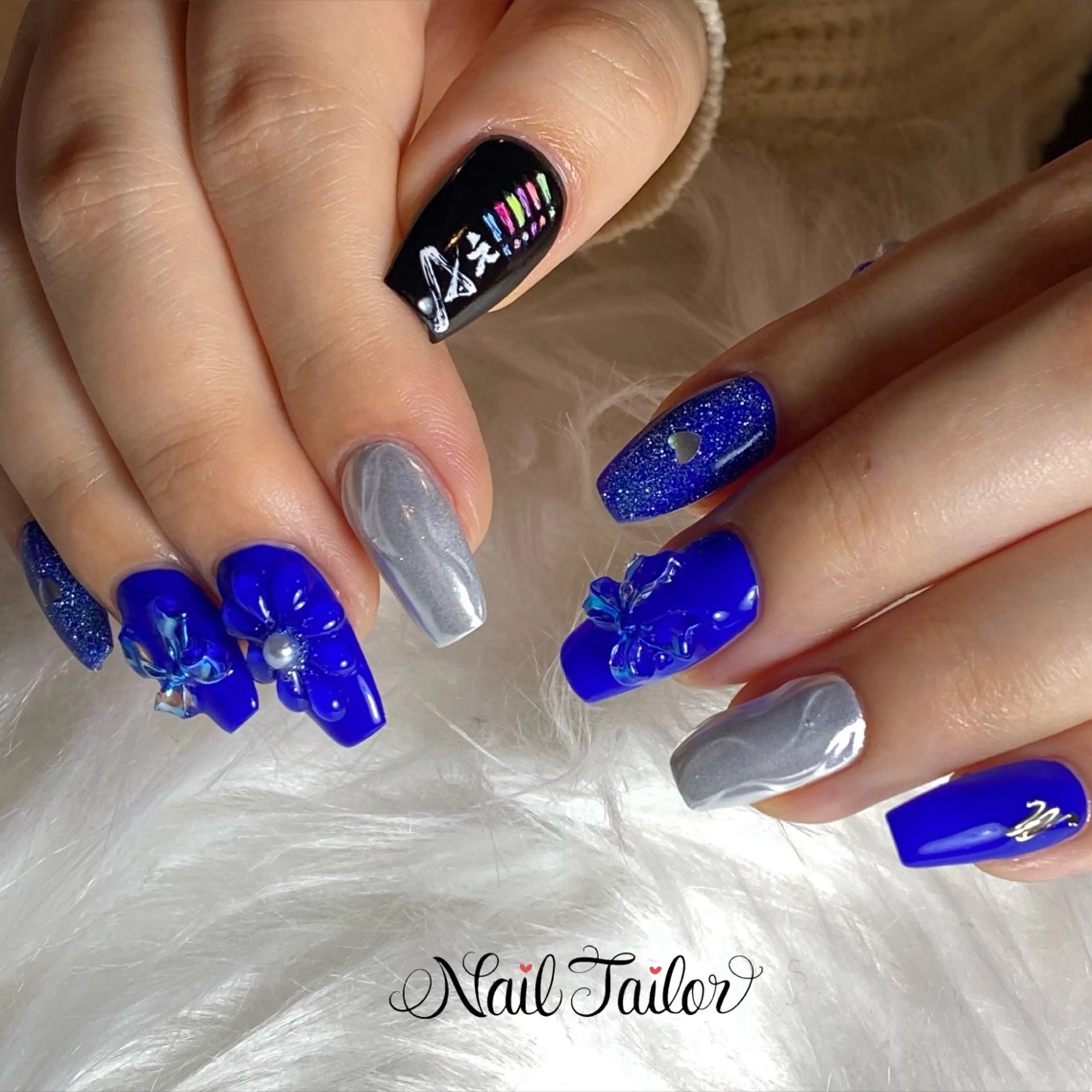 ネイル ブルー 長さ出し ぷっくりネイル リボン スカルプネイル ハンドネイル NailTailor ネイルテイラーのネイルデザイン