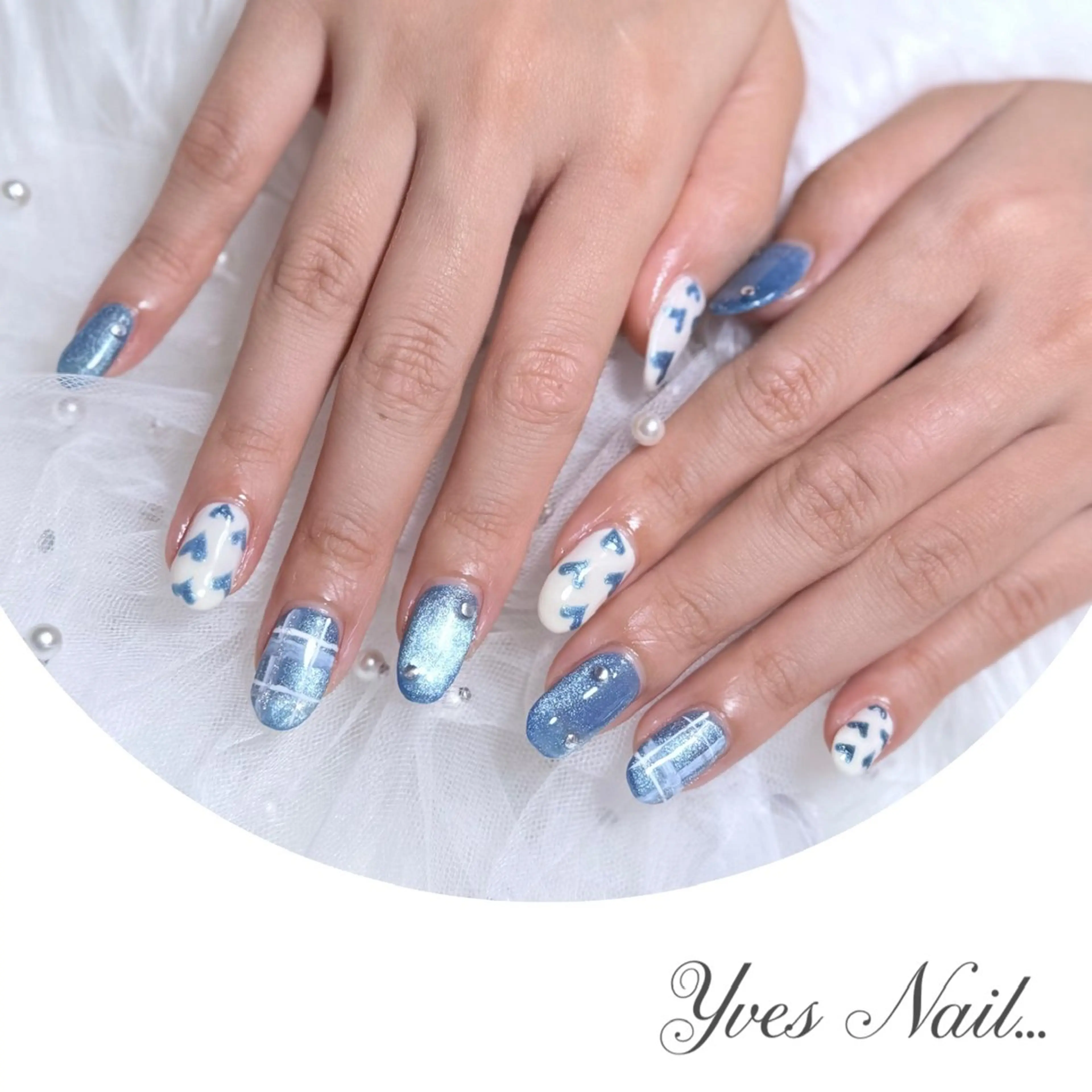 ネイル ブルー ハート 水色 マグネットネイル ハンドネイル kanno yのネイルデザイン