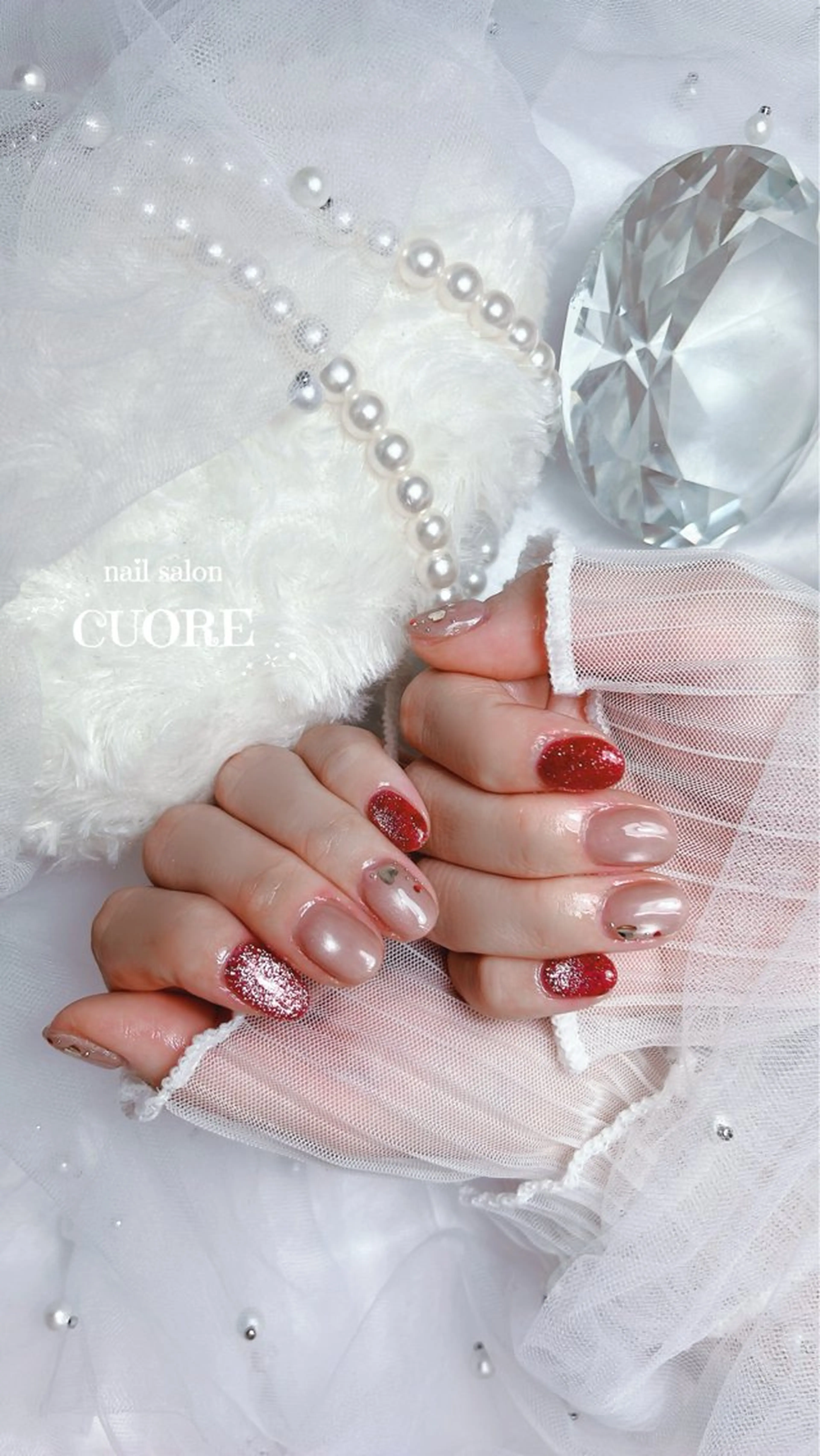 ネイル ハート マグネットネイル バレンタイン ホワイト nail salon CUOREのネイルデザイン