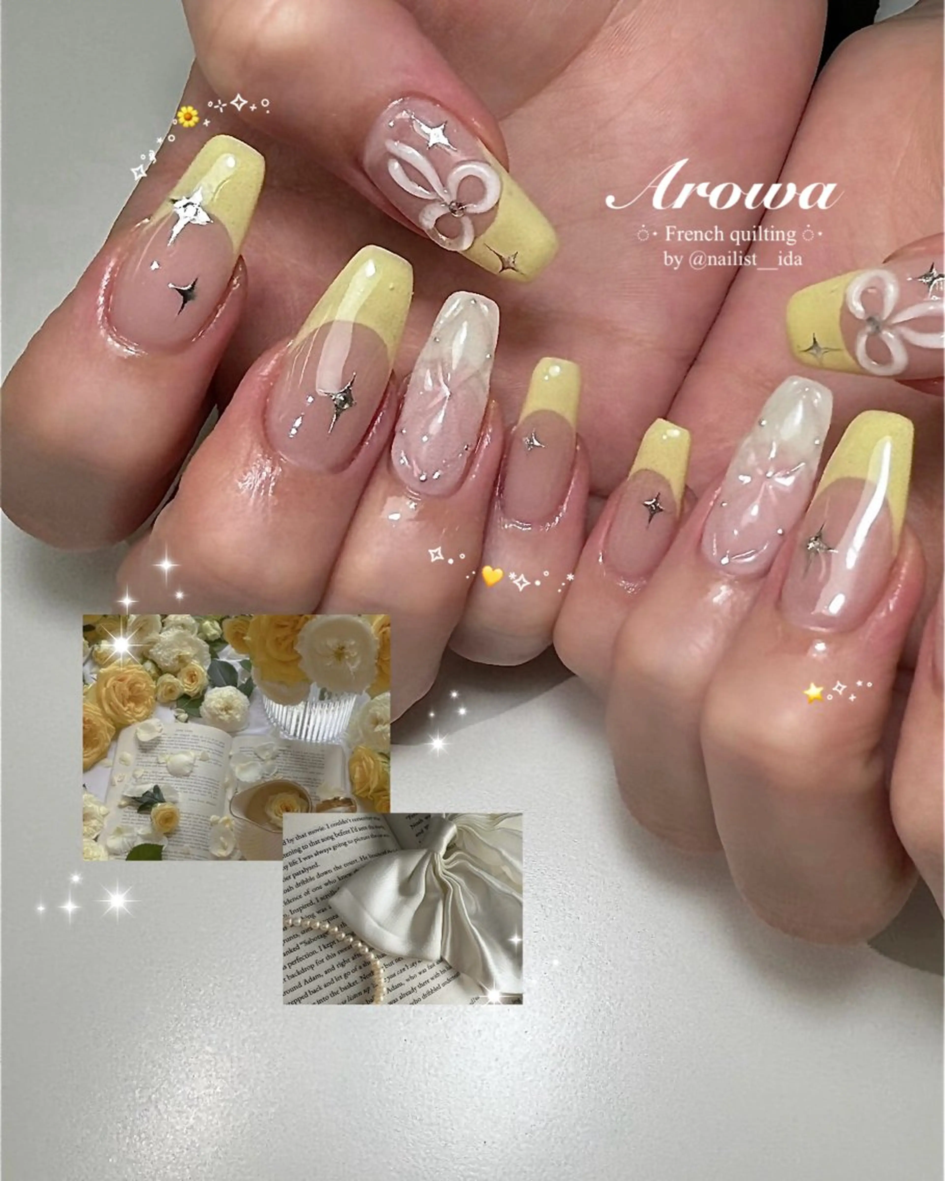 ネイル フレンチネイル キラキラネイル リボン 春ネイル 黄色 ハンドネイル Arowa 伊田のネイルデザイン