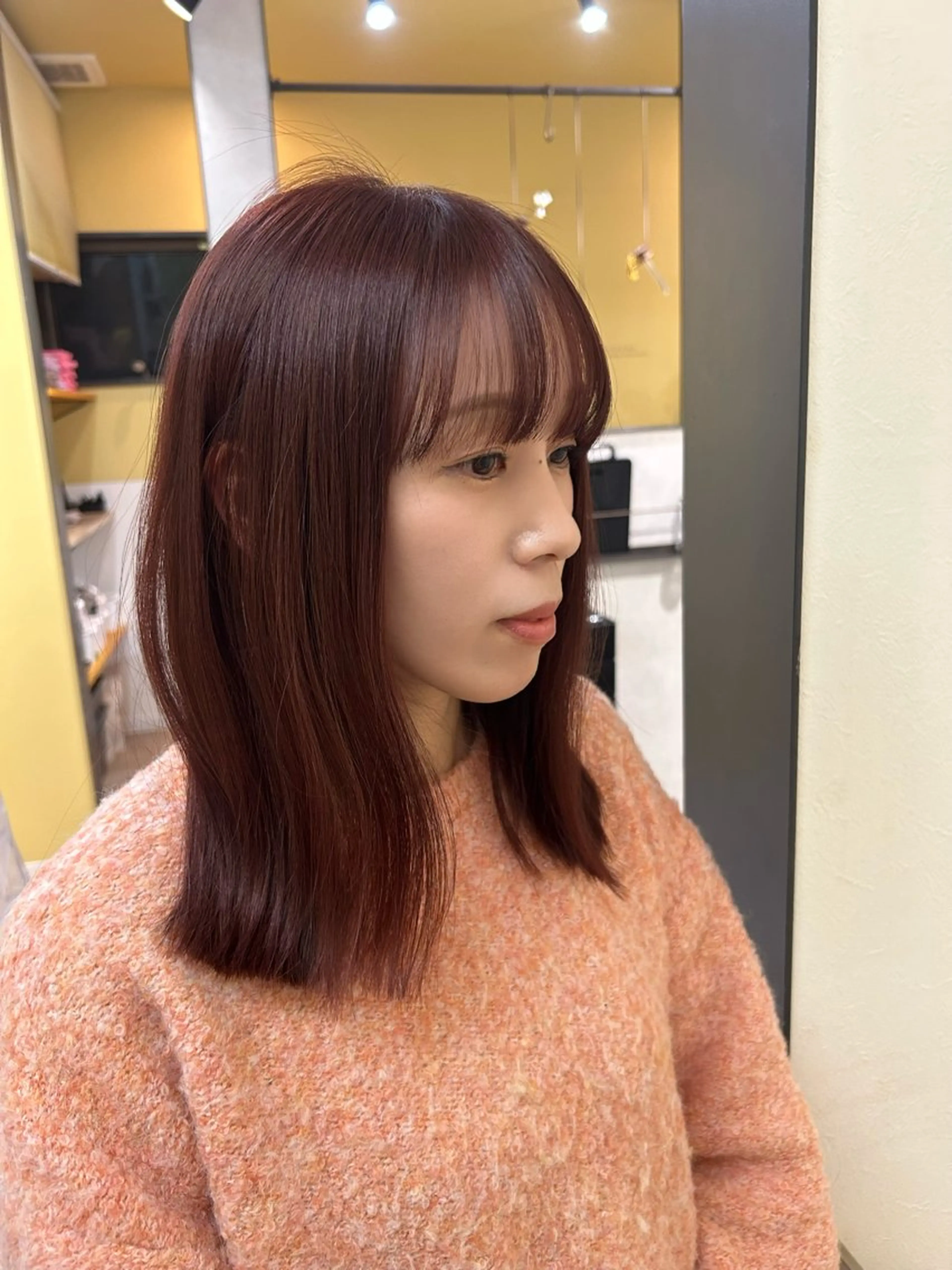 セミロング カラー ブリーチ ボルドーカラー ブリーチなしカラー カット ヘアカラー トリートメント hub hair レイヤー/透明感のヘアスタイル