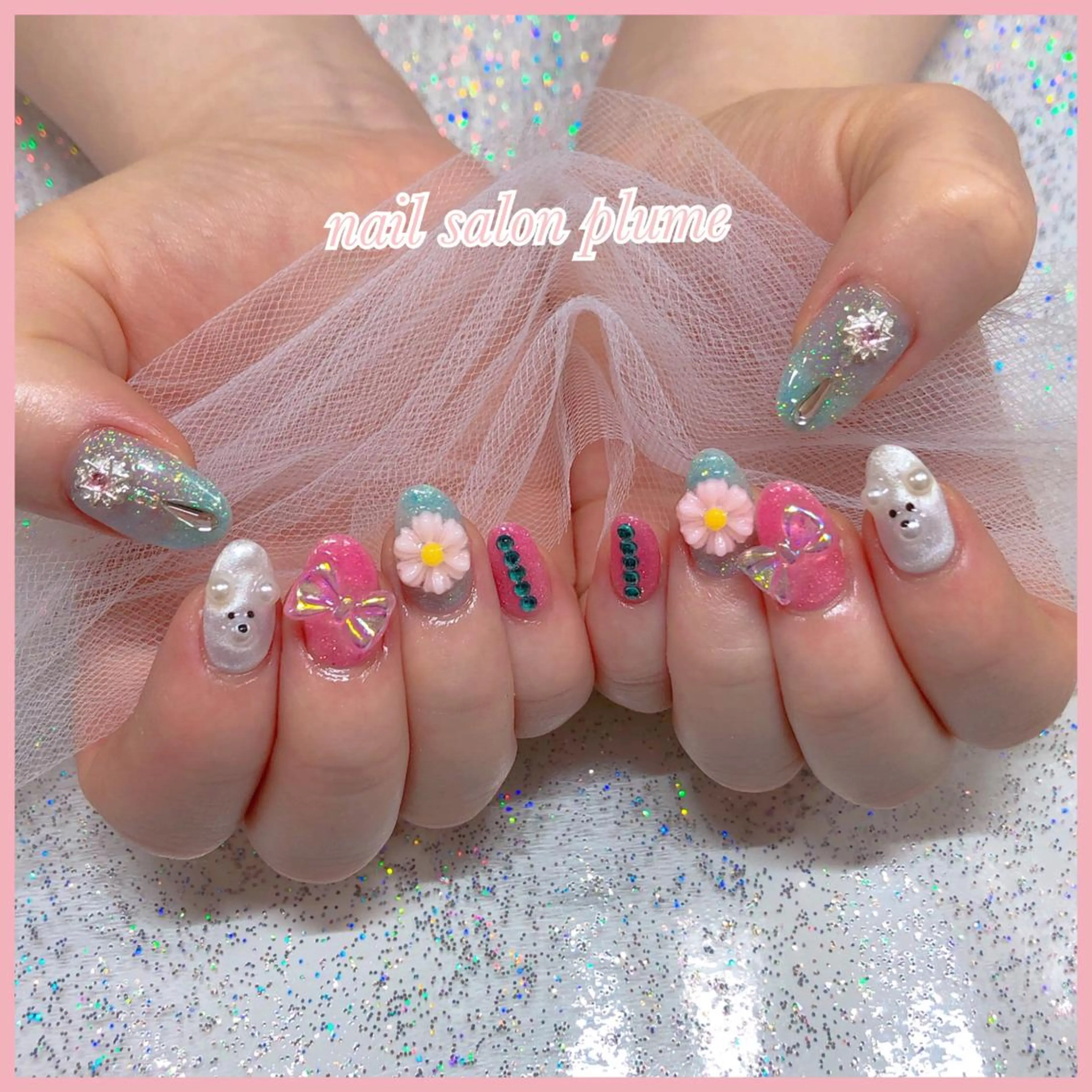 ネイル アートネイル フラワーネイル ハート キラキラネイル 韓国ネイル ハンドネイル plume nail ☆韓国ネイルのネイルデザイン