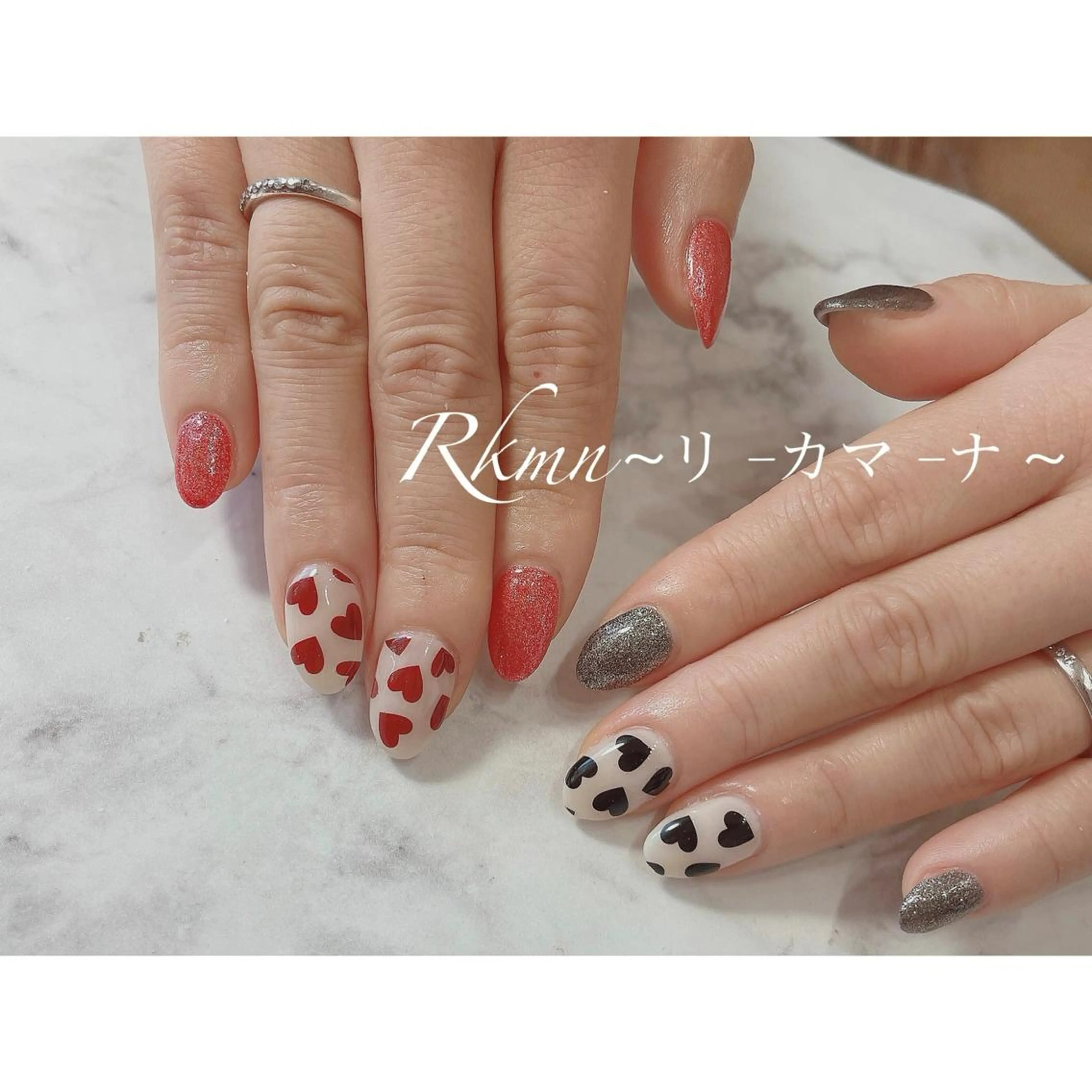 ネイル アートネイル ハート ラメ(グリッター) 赤色 春ネイル ハンドネイル フットネイル ハンドケア Rkmn ~リ-カマ-ナ~のネイルデザイン