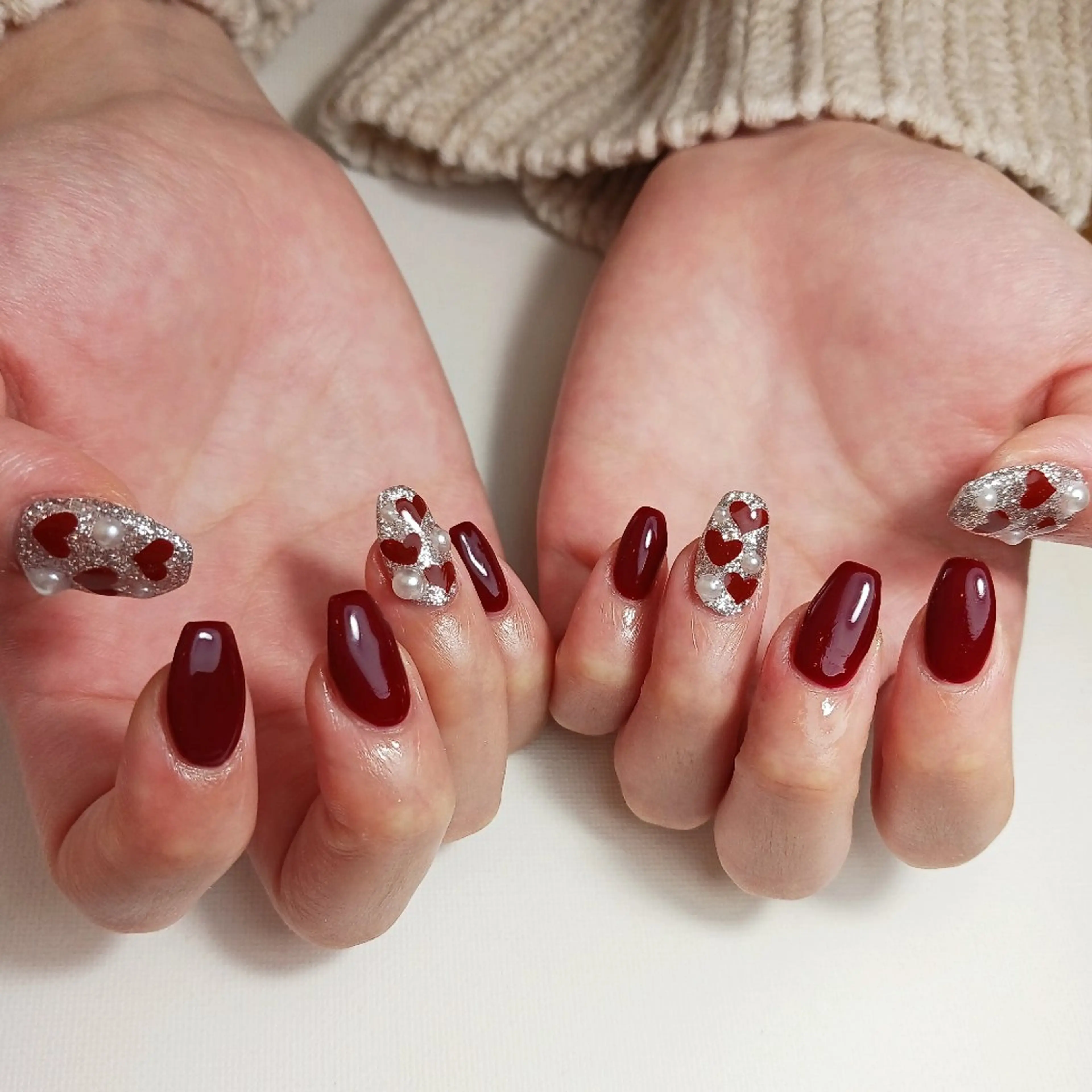 ネイル ボルドー ジェルネイル ハート ラメ(グリッター) 持ち込み ハンドネイル owlnail /持込みデザイン専門のネイルデザイン