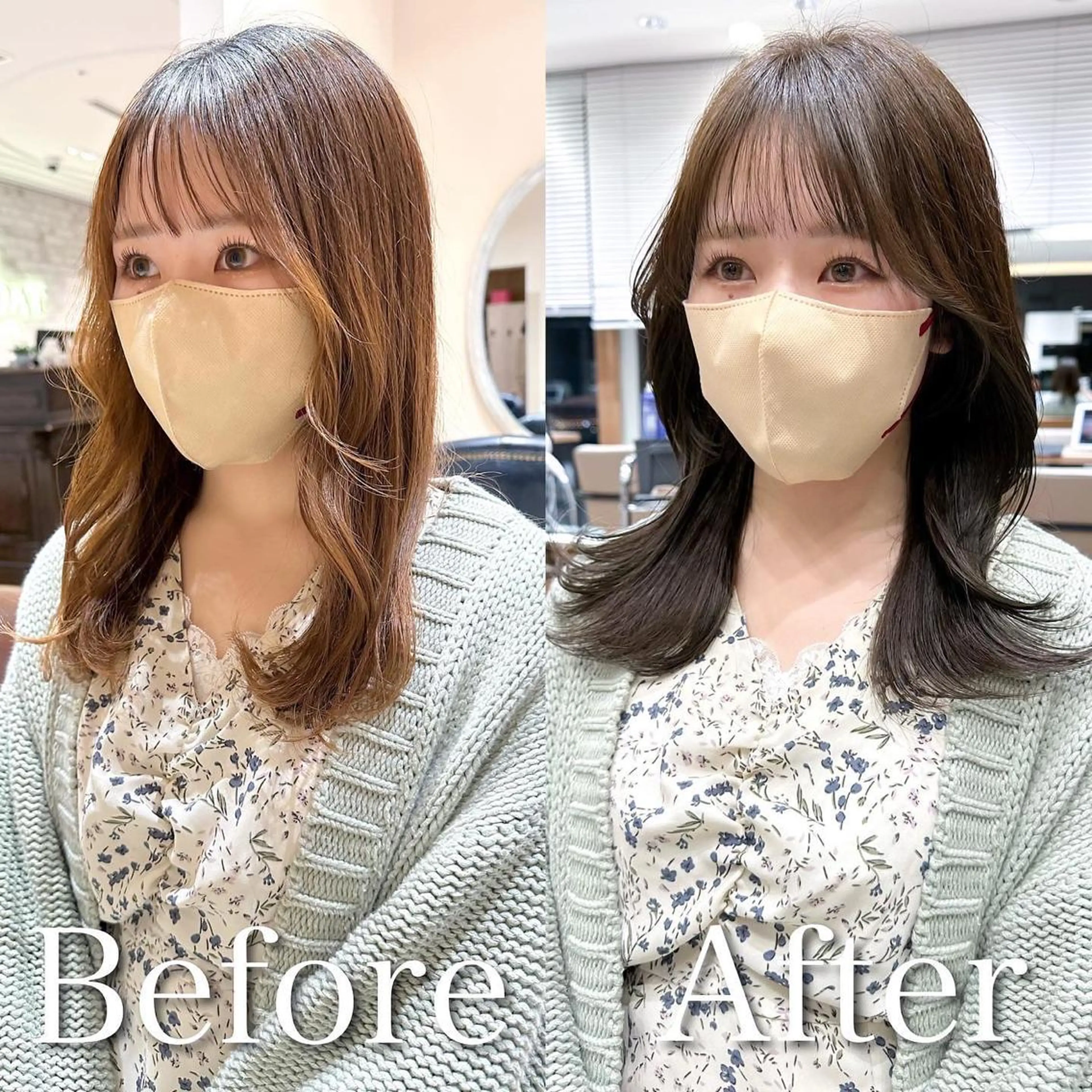 セミロング カラー ベージュカラー ブラウンカラー ブラウンベージュ くびれヘア 顔周りカット 顔周り/くびれヘア 韓国ヘア💕風間るなのヘアスタイル