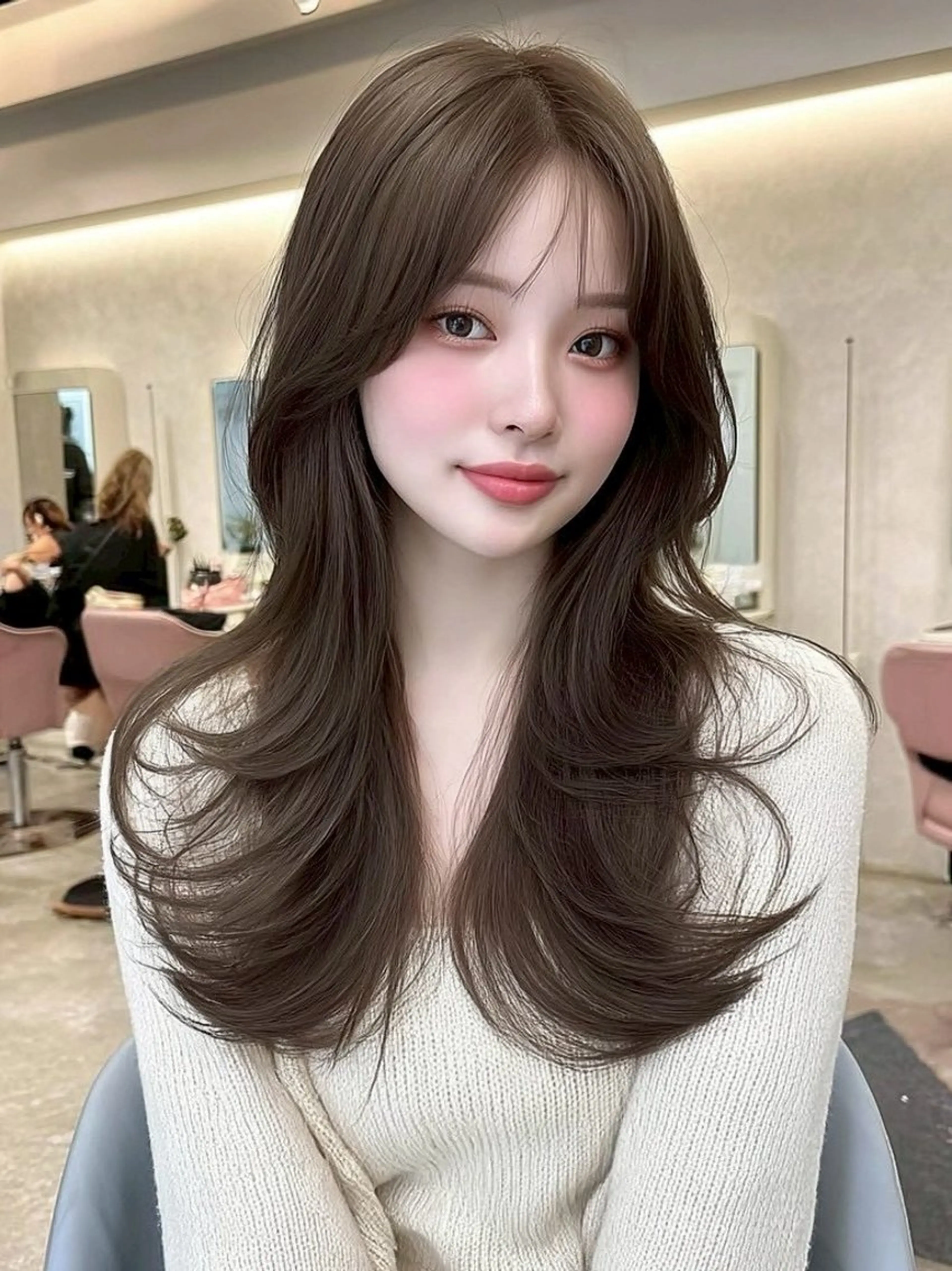 ロング カラー 透明感カラー くびれヘア 顔周りカット ヨシンモリ 韓国風ヘア カット ヘアカラー トリートメント レイヤーカット/ 髪質改善/透カラーのヘアスタイル