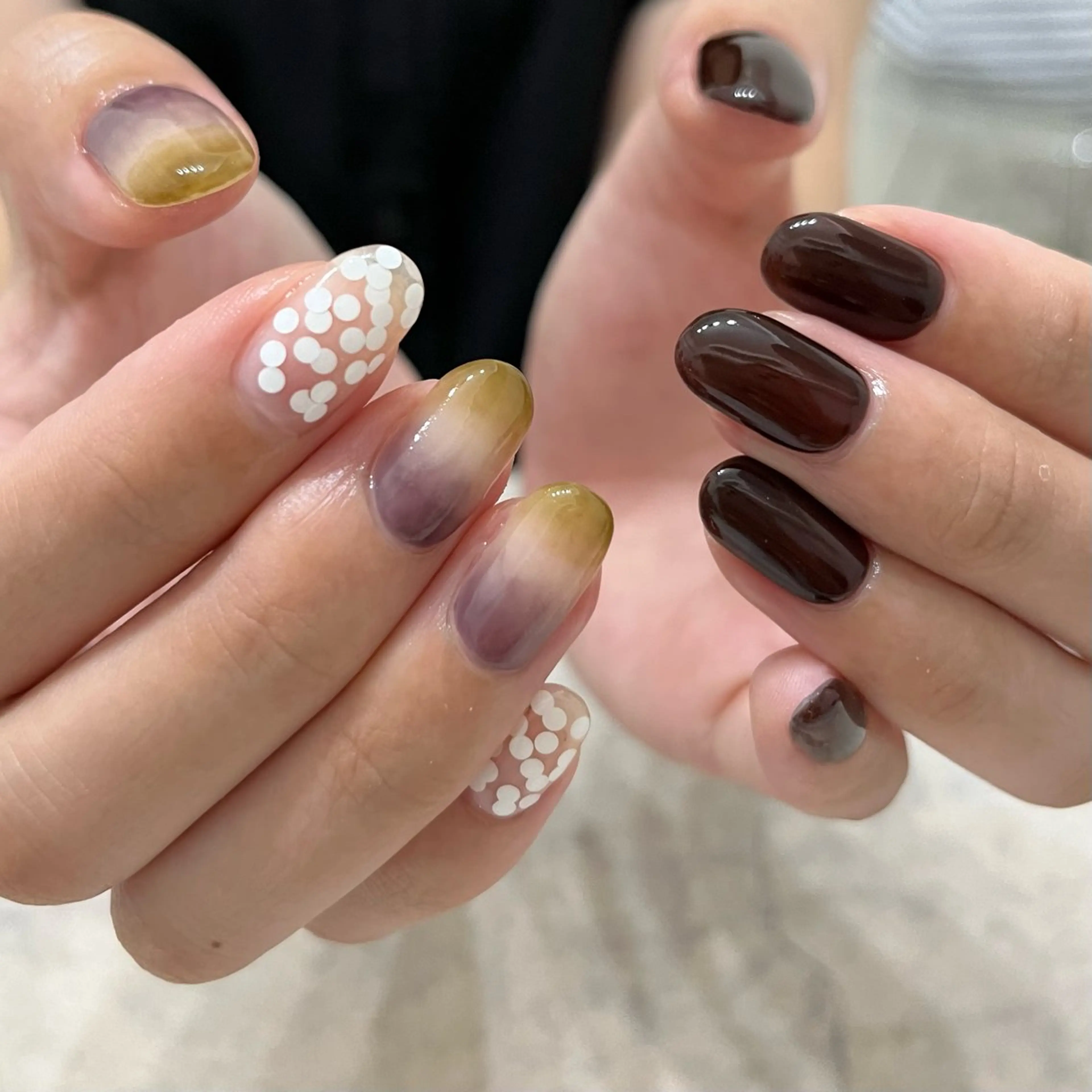 ネイル ブラウン グリーン ワンカラーネイル ハンドネイル vegh. nail／阿波座のネイルデザイン
