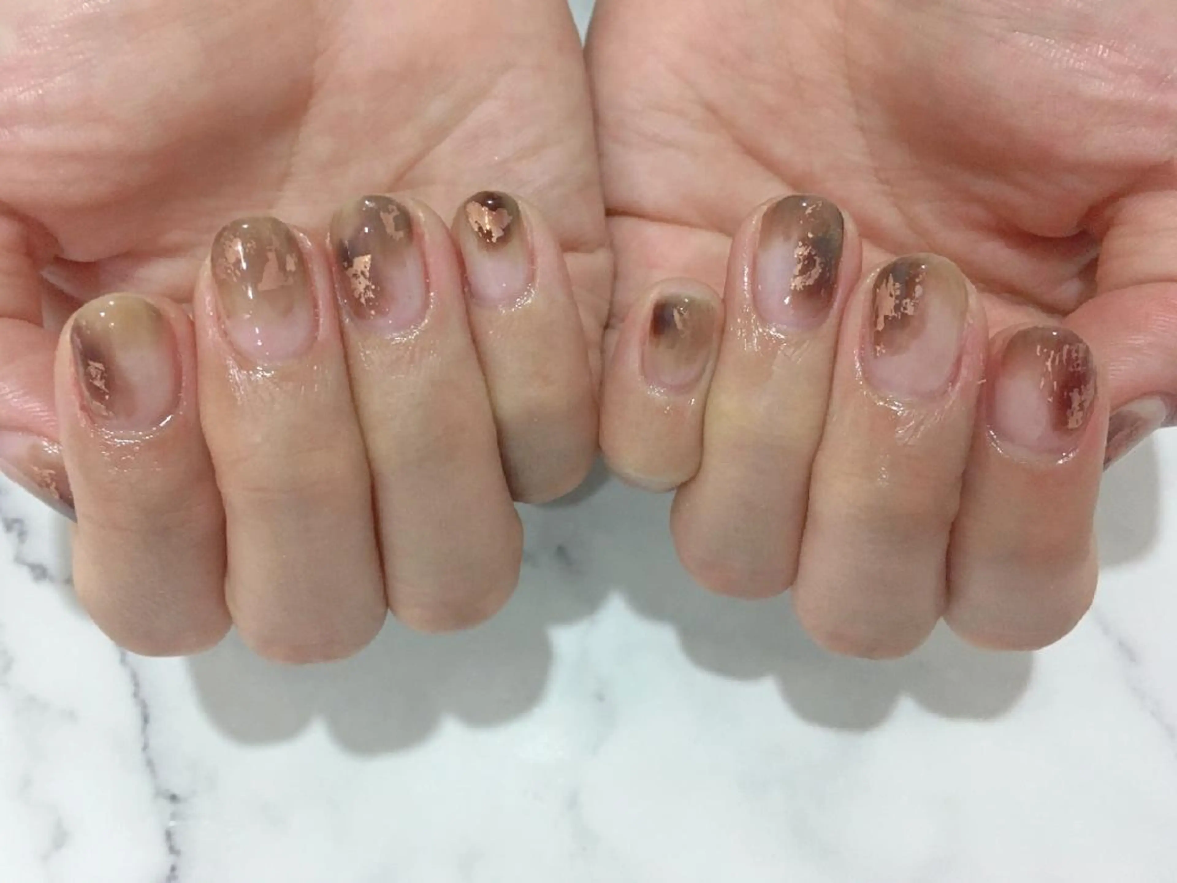 ネイル ブラウン クリアネイル 長さ出し フラワーネイル フットネイル HIRATA RIEのネイルデザイン