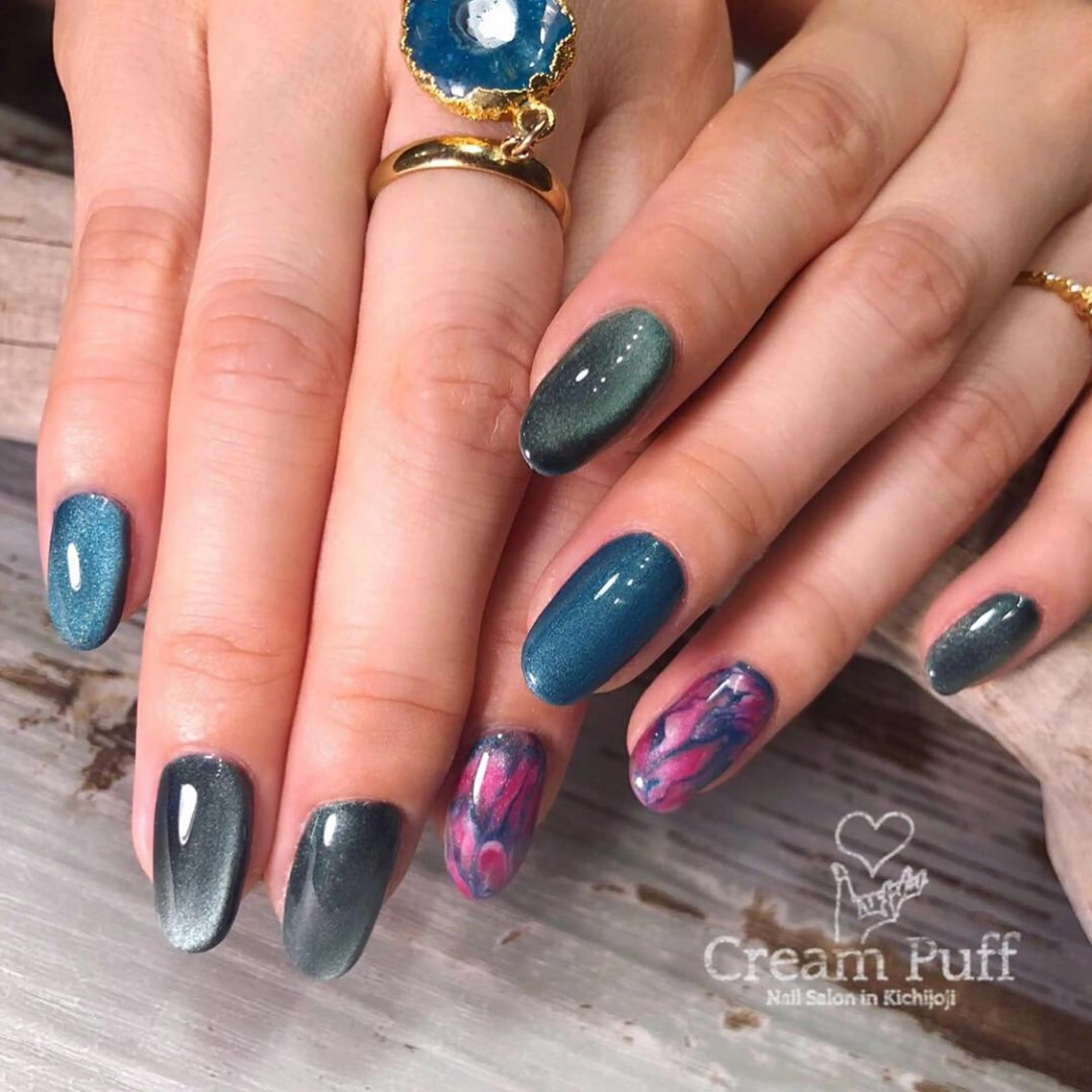 ハンドネイル／ワンカラー／オフ込み／マグネットジェル／マーブル／サービスアート付きの写真