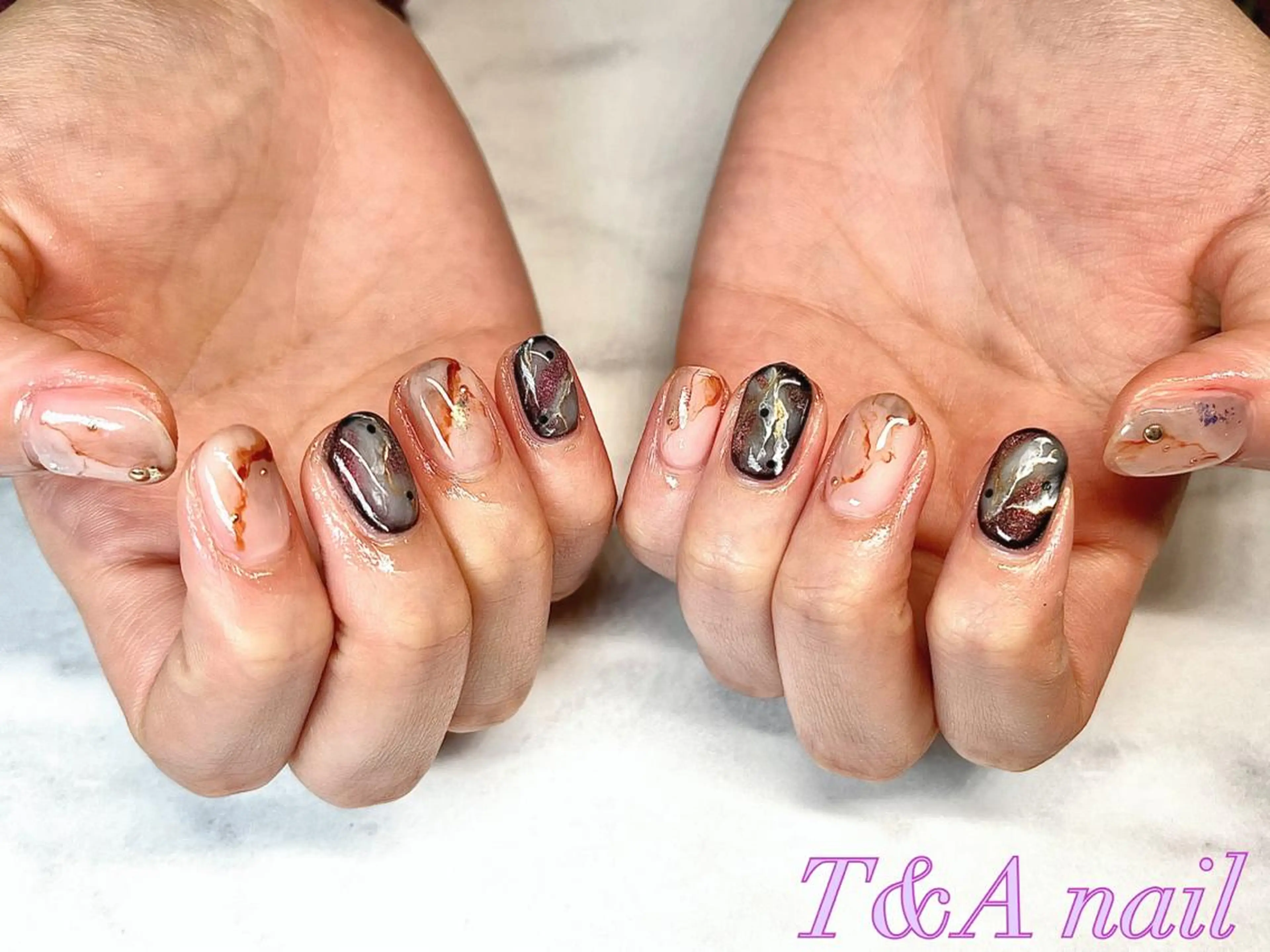 ショート ネイル 長さ出し ジェルネイル 大理石ネイル(マーブル) ニュアンスネイル スカルプネイル ハンドネイル T&A nailのネイルデザイン
