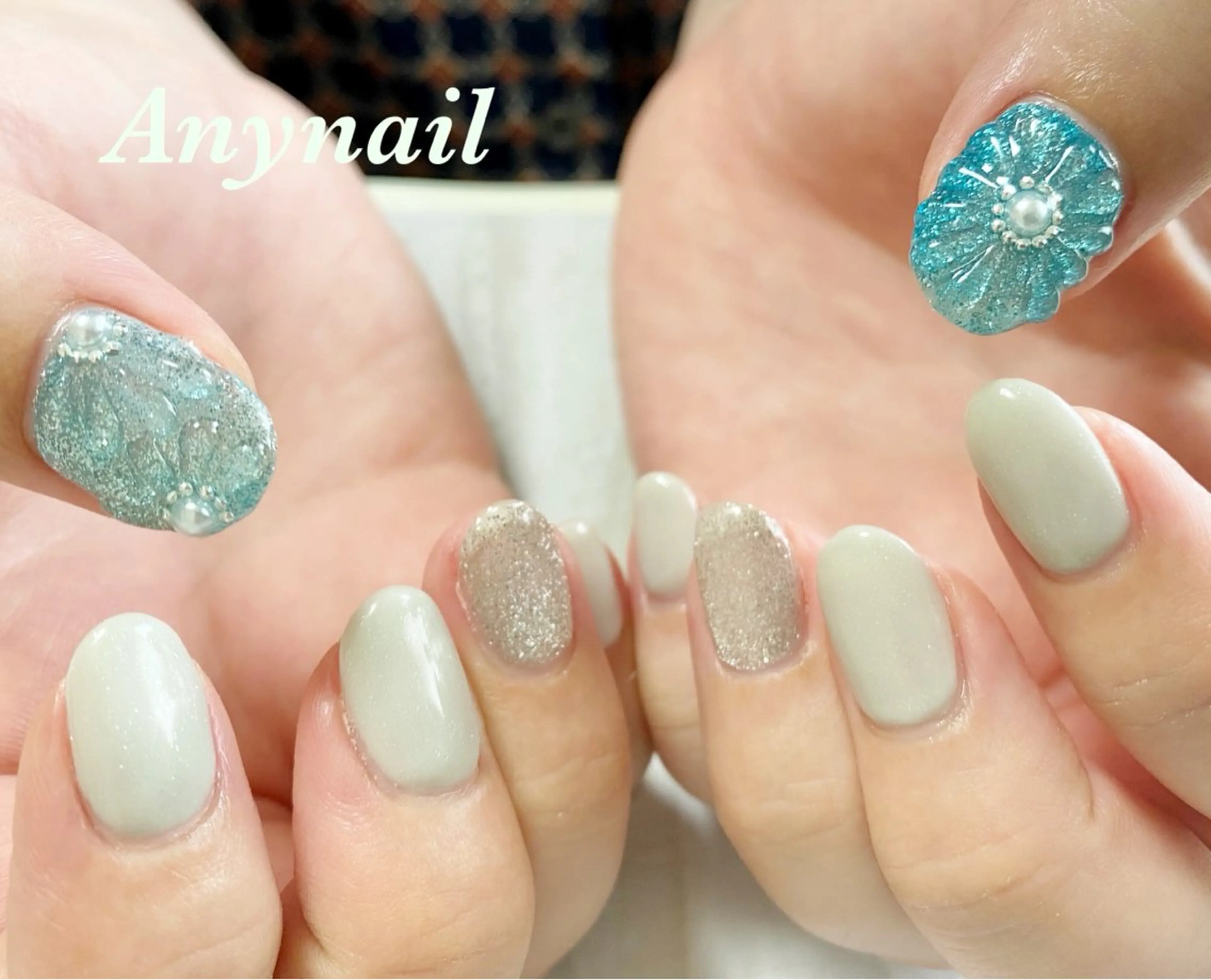 ネイル ブルー フラワーネイル マグネットネイル ぷっくりネイル 岩澤 恵子のネイルデザイン