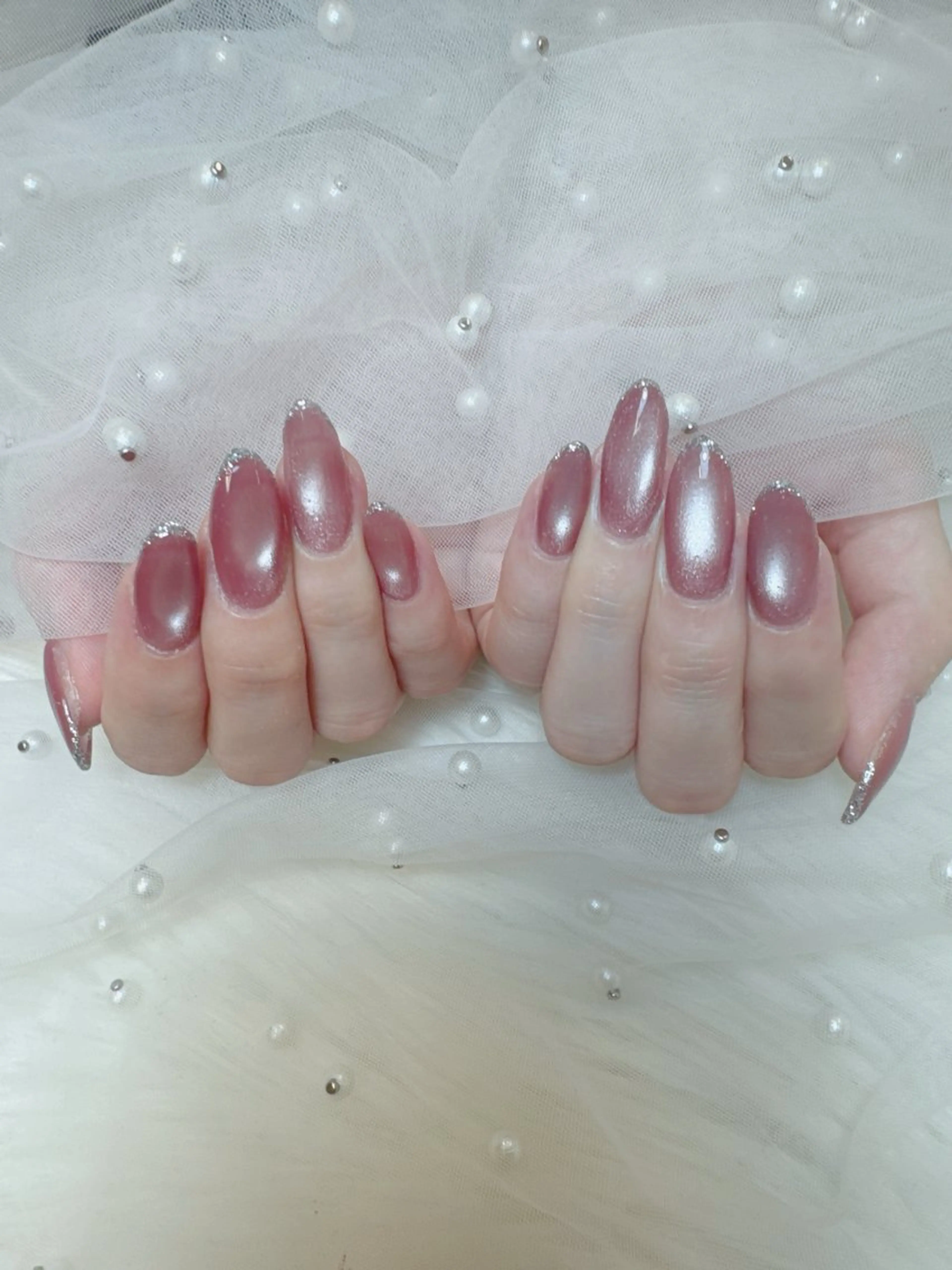 ネイル 成人式 長さ出し フレンチネイル ジェルネイル ガラスフレンチ ハンドネイル Queeens nailのネイルデザイン