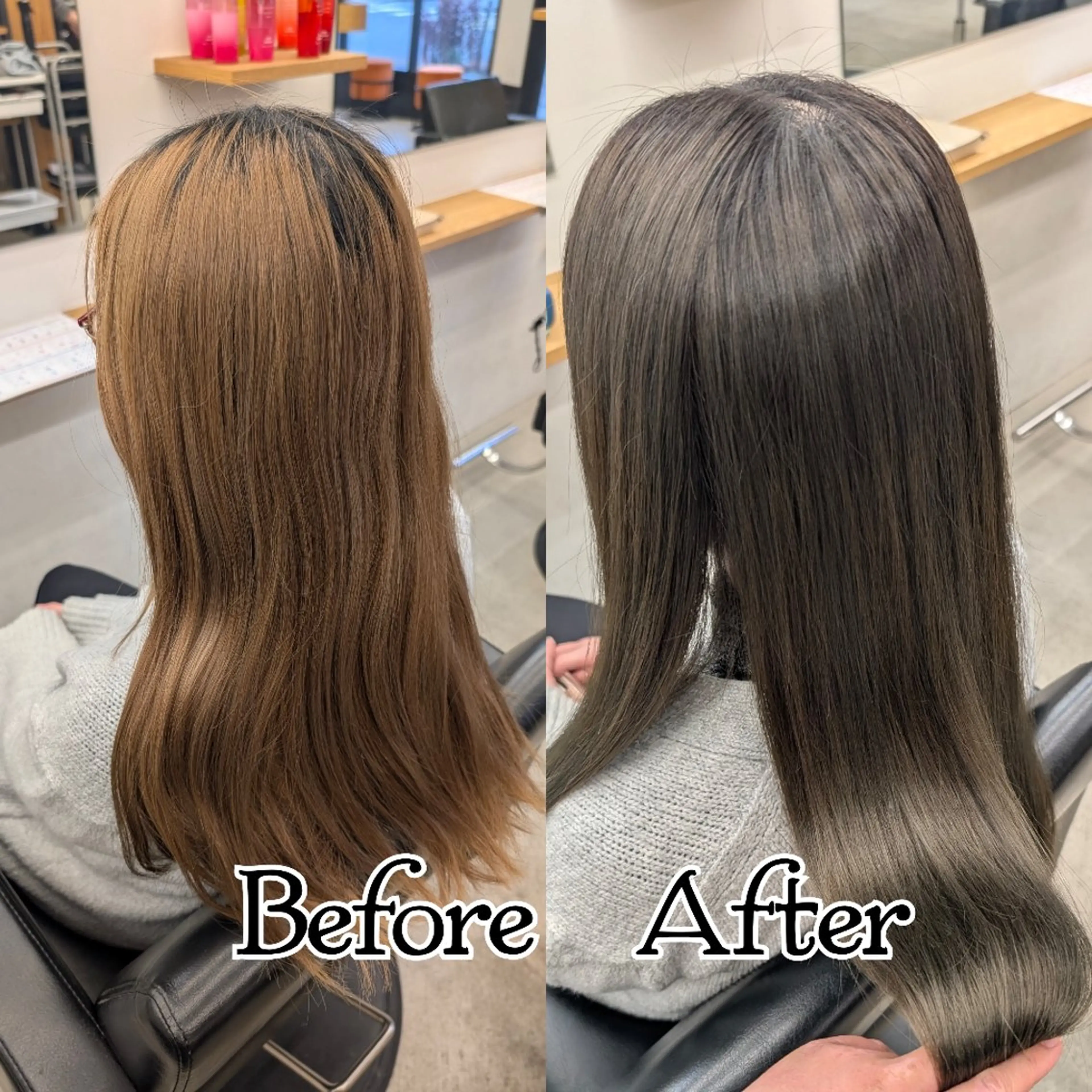 ロング カラー ブリーチ グレージュ オリーブグレージュ オリーブグレー オレンジ カット ヘアカラー トリートメント R hair🧡 伊藤美和🤎のヘアスタイル