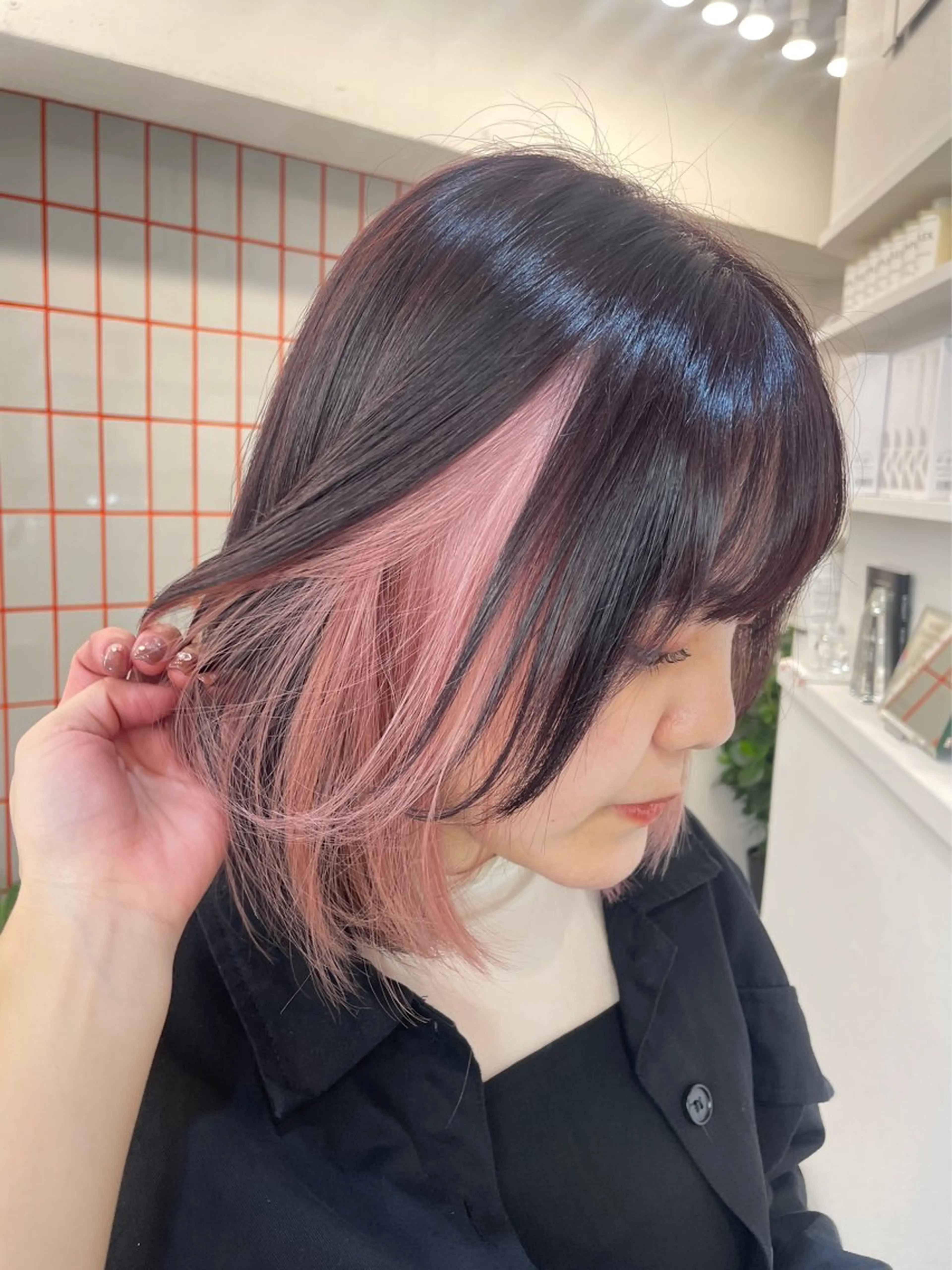 ミディアム カラー ベージュカラー ブラウンカラー デザインカラー インナーカラー ピンクカラー ヘアカラー グレージュ/ベージュ 🎀momo🎀のヘアスタイル