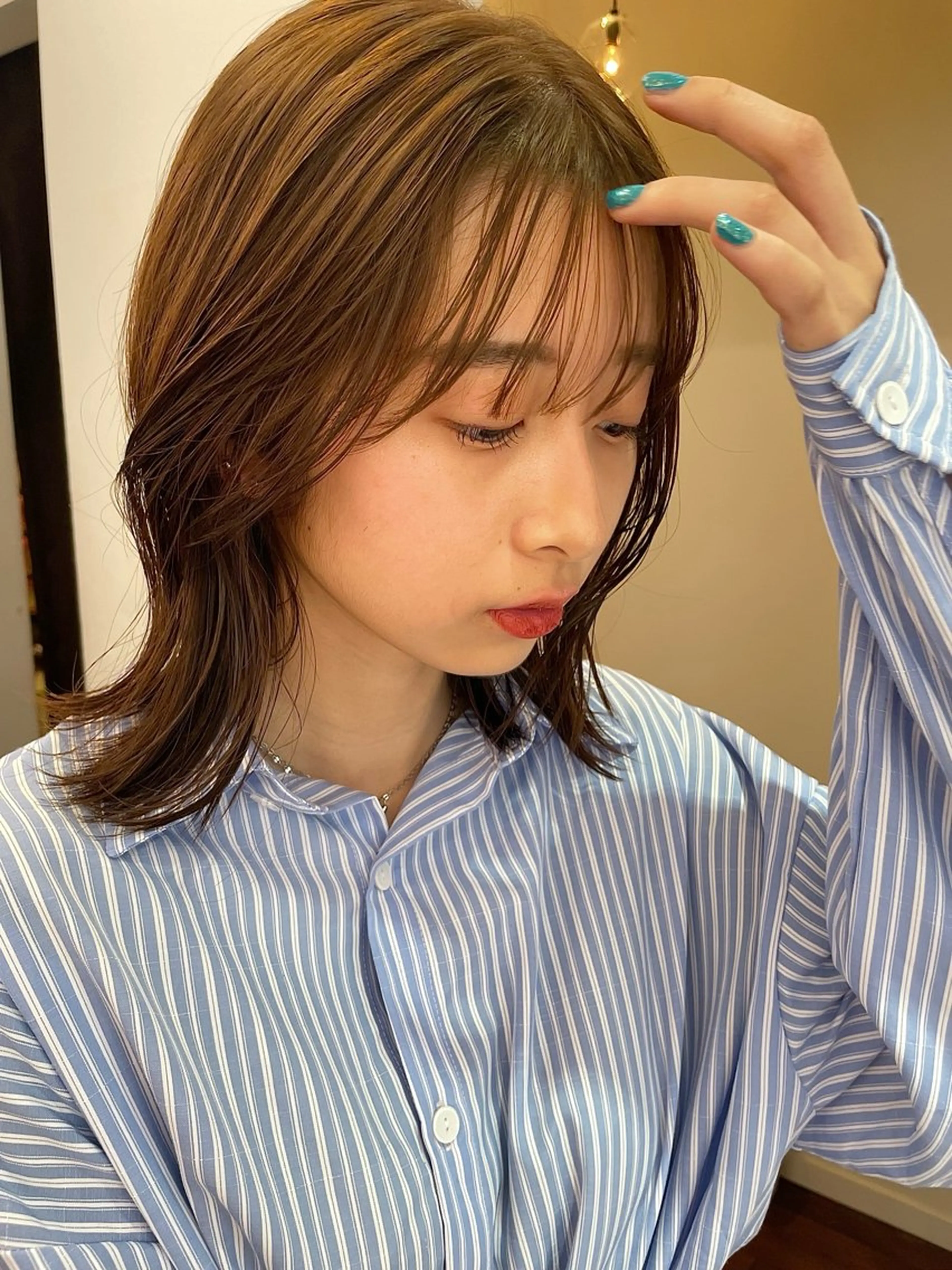 ミディアム カラー カット ヘアカラー 抜け感ボブ×パーマ ｜kazaneのヘアスタイル