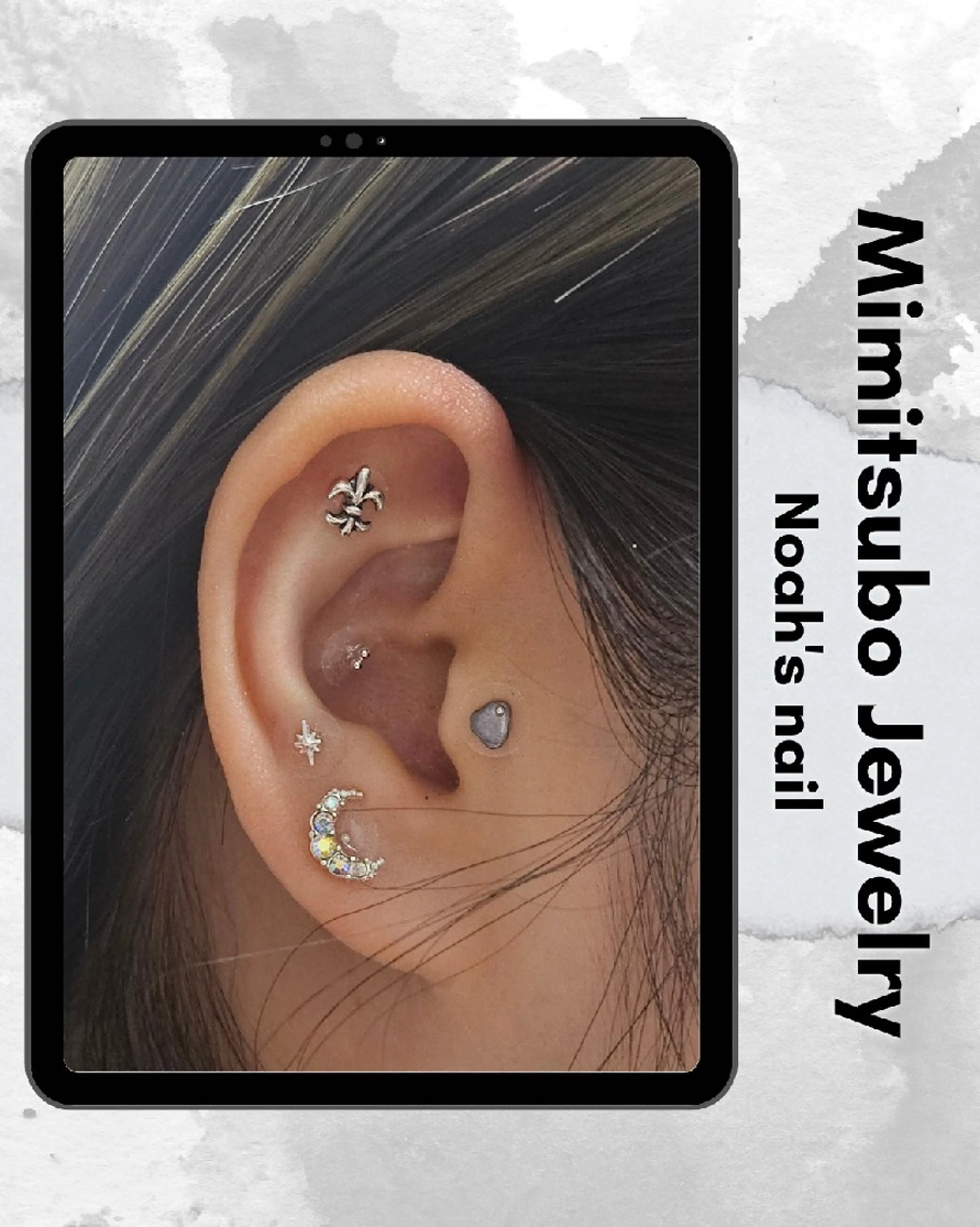 【ミニモ限定】耳つぼジュエリー(両耳10parts)ﾂﾎﾞ押しﾘﾝﾊﾟ流し揉みほぐし付き パーツ追加１個￥200～の写真