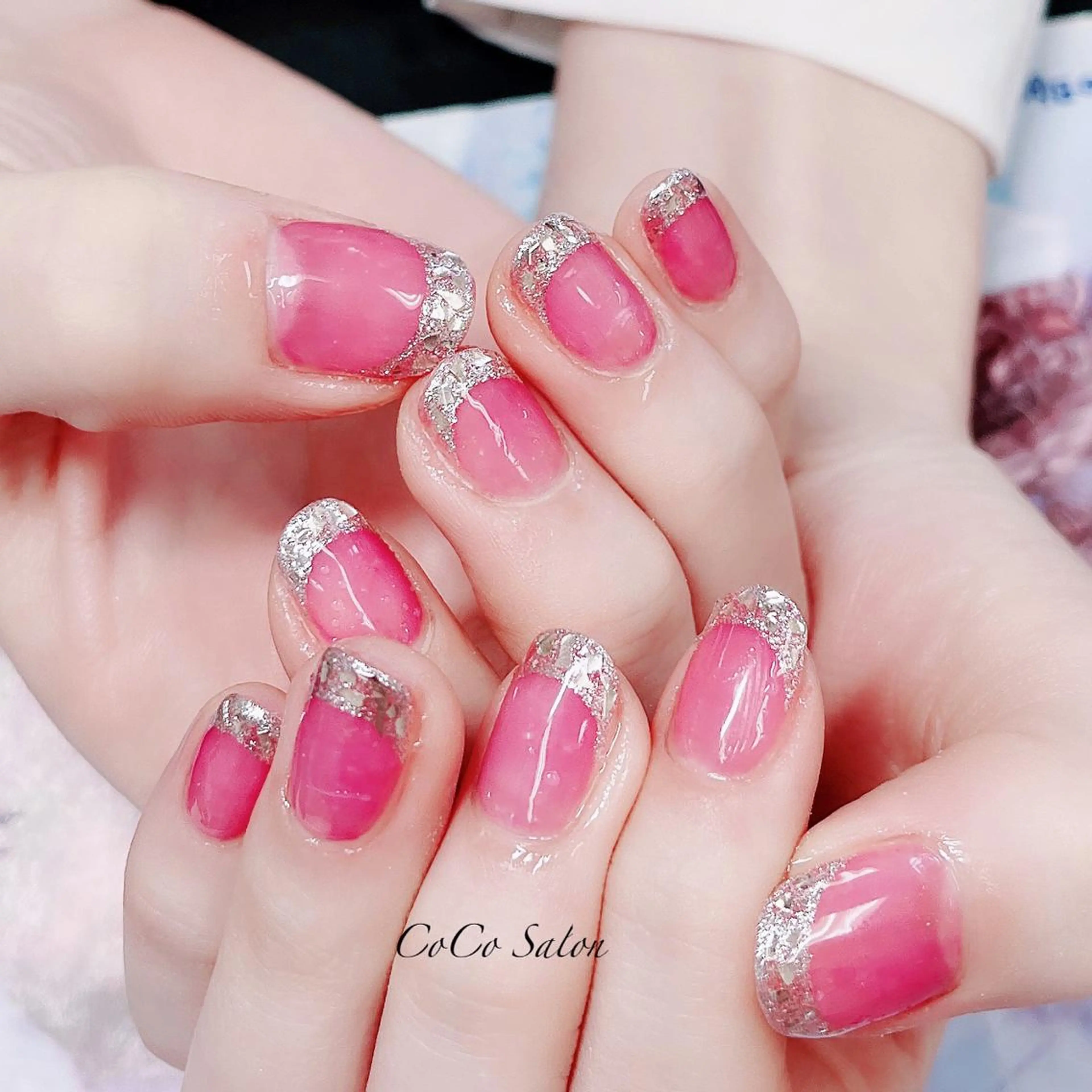 ネイル 長さ出し フレンチネイル ジェルネイル ガラスフレンチ ホログラムネイル ハンドネイル CoCoSalon ネイル/まつ毛予約のネイルデザイン