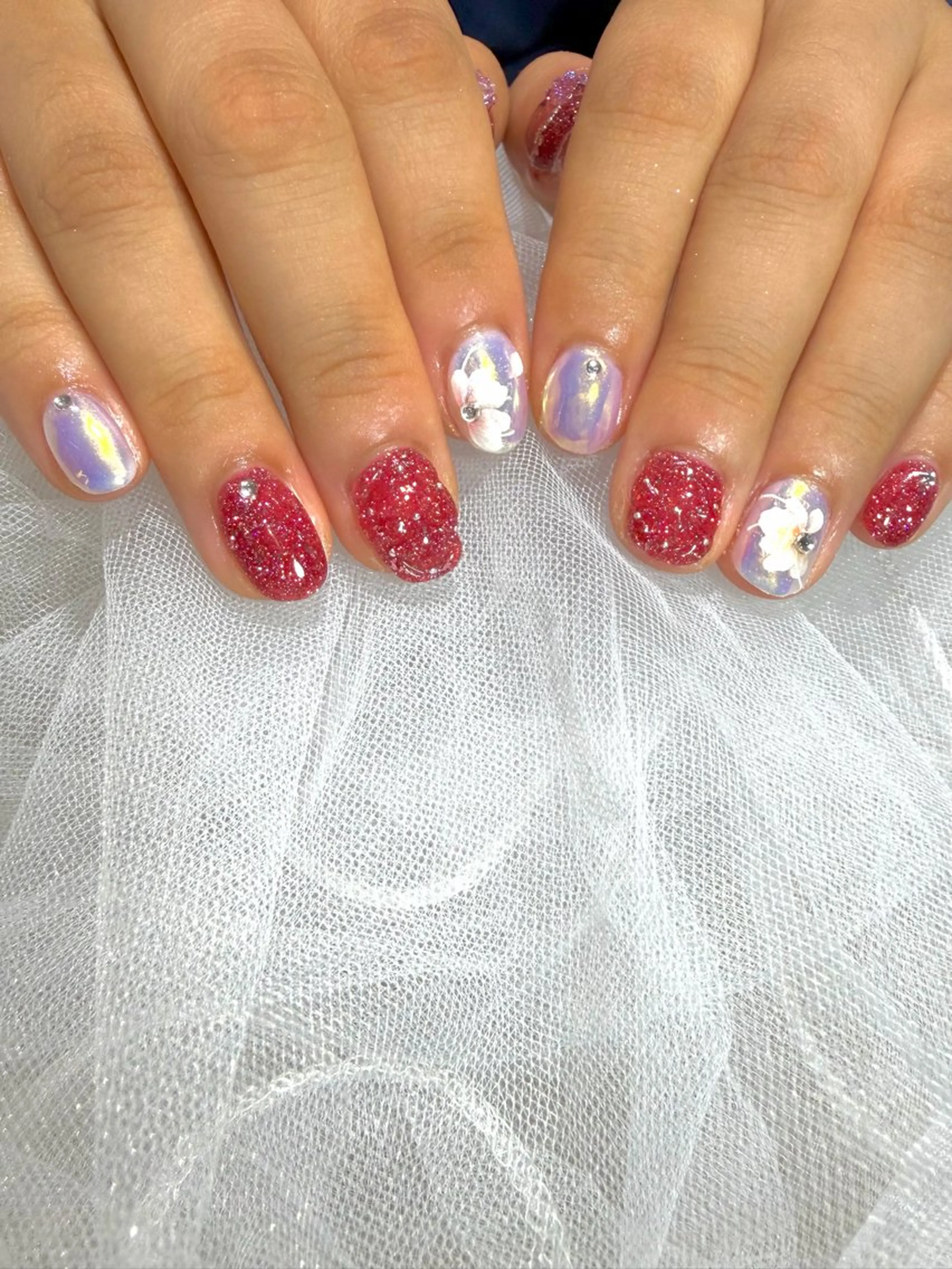 ネイル フラッシュネイル ジェルネイル キラキラネイル 赤色 ハンドネイル ちゃ～み～nail ひよりのネイルデザイン
